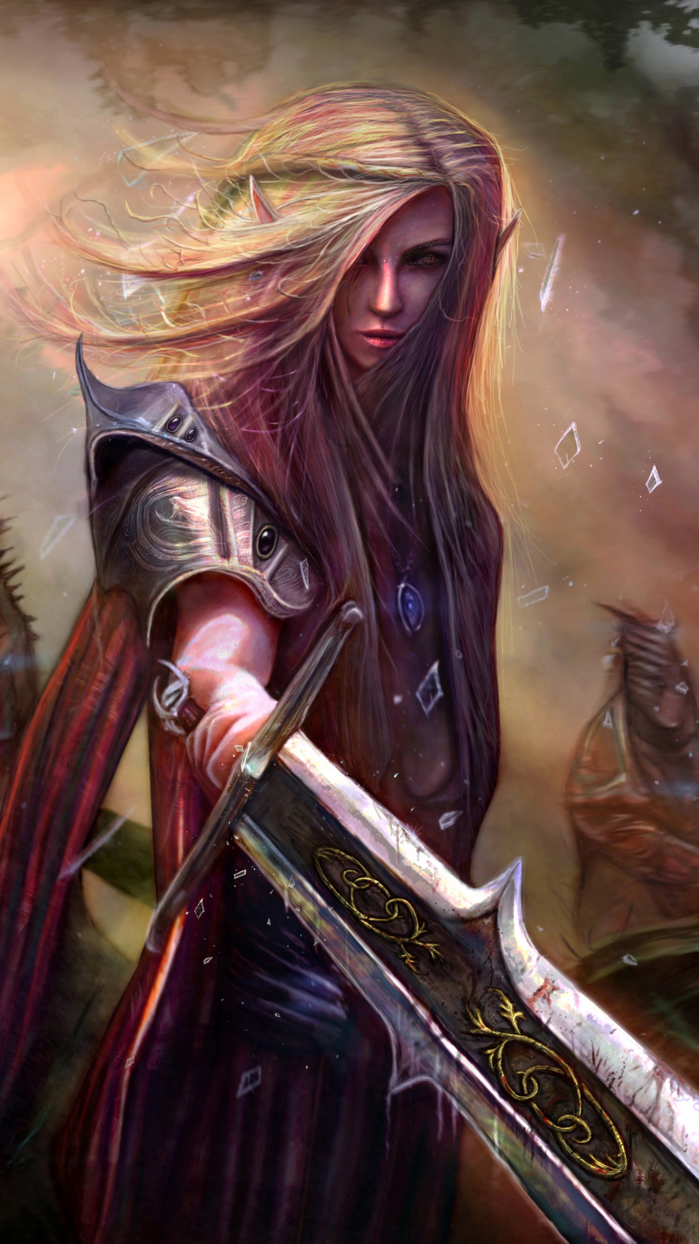 Woman in Brown Dress Holding Sword Illustration. Wallpaper in 1440x2560 Resolution