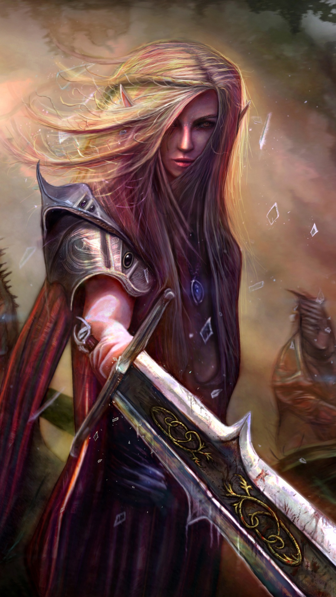 Frau im Braunen Kleid Mit Schwertillustration. Wallpaper in 1080x1920 Resolution