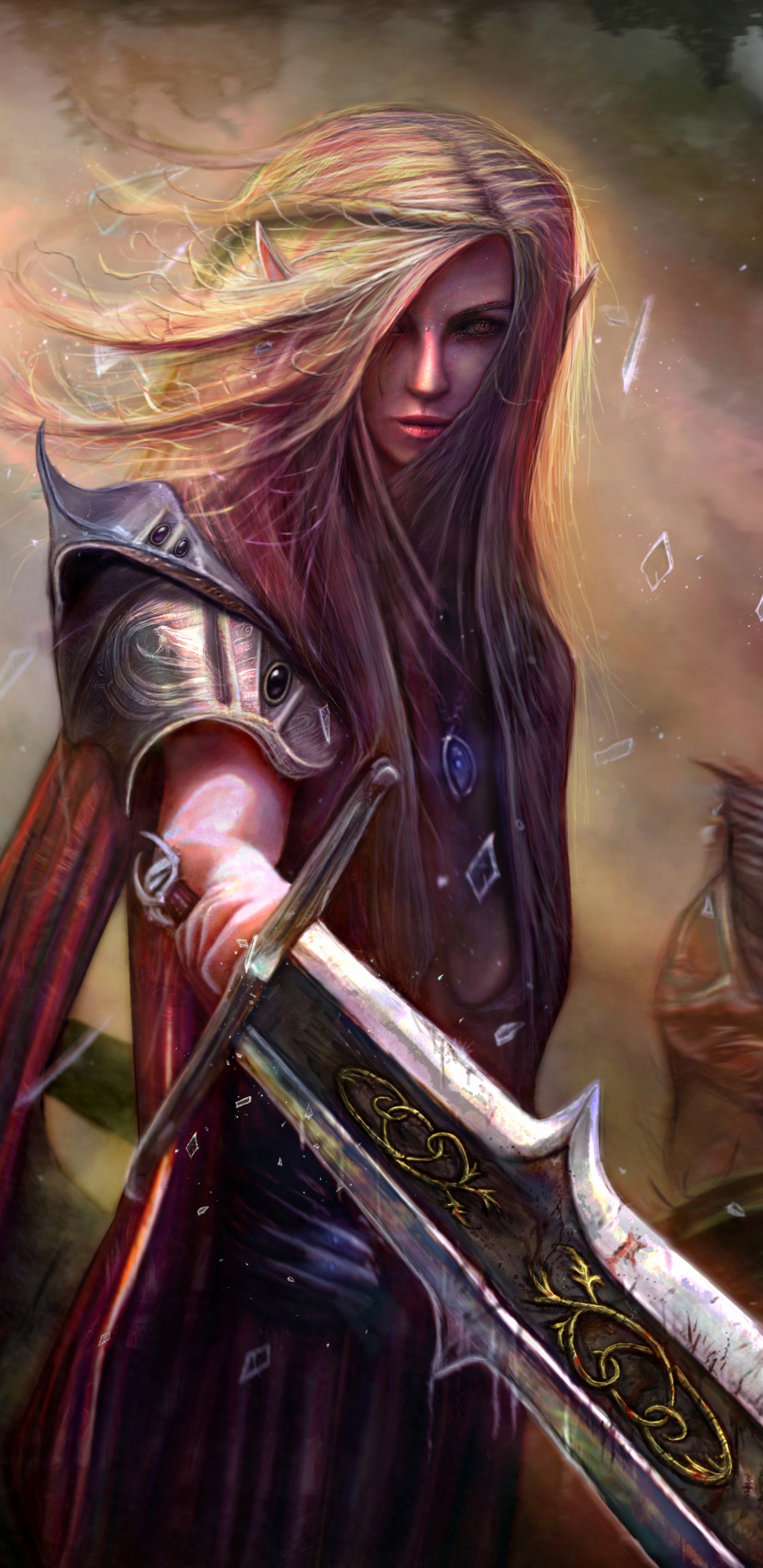 Frau im Braunen Kleid Mit Schwertillustration. Wallpaper in 1440x2960 Resolution