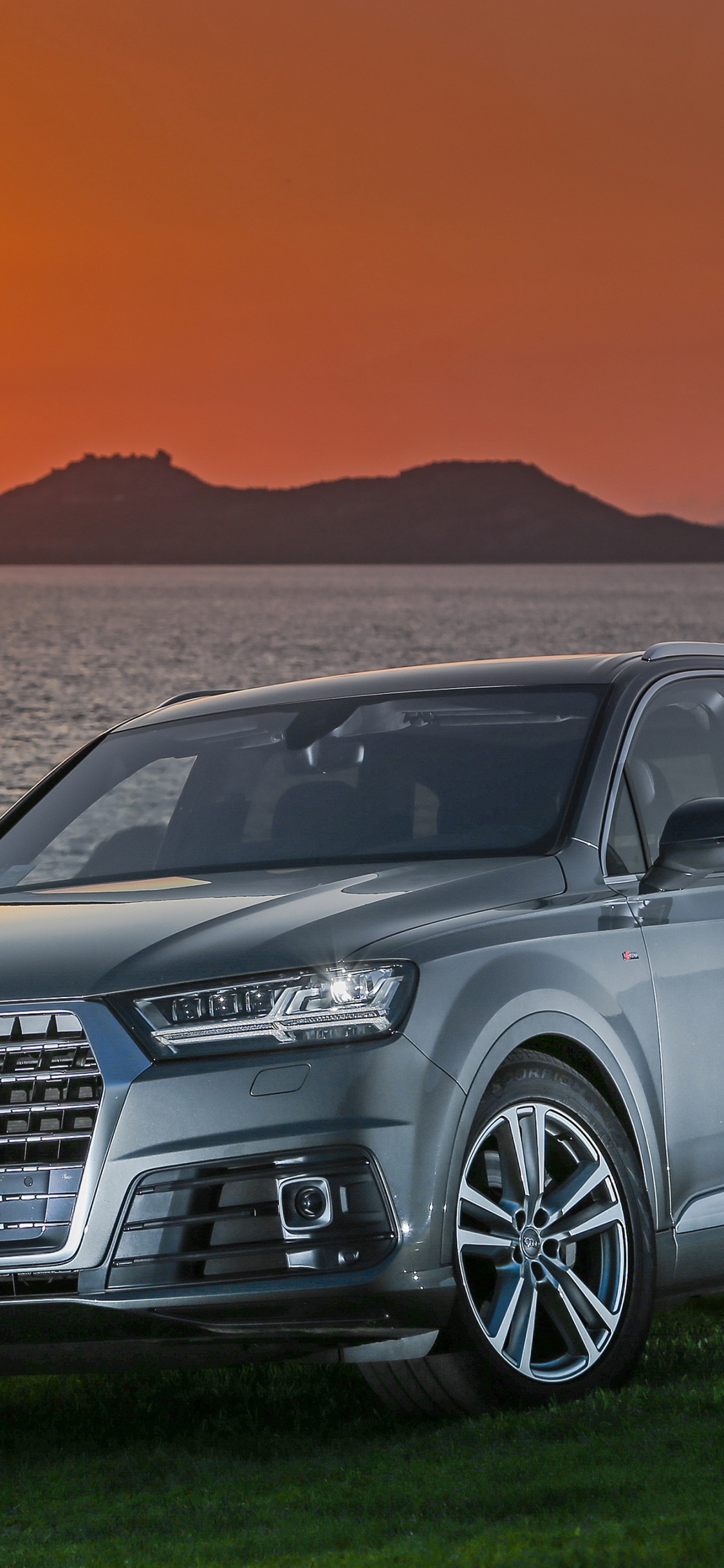 Schwarzer Audi a 4 Auf Grüner Wiese Bei Sonnenuntergang. Wallpaper in 1125x2436 Resolution