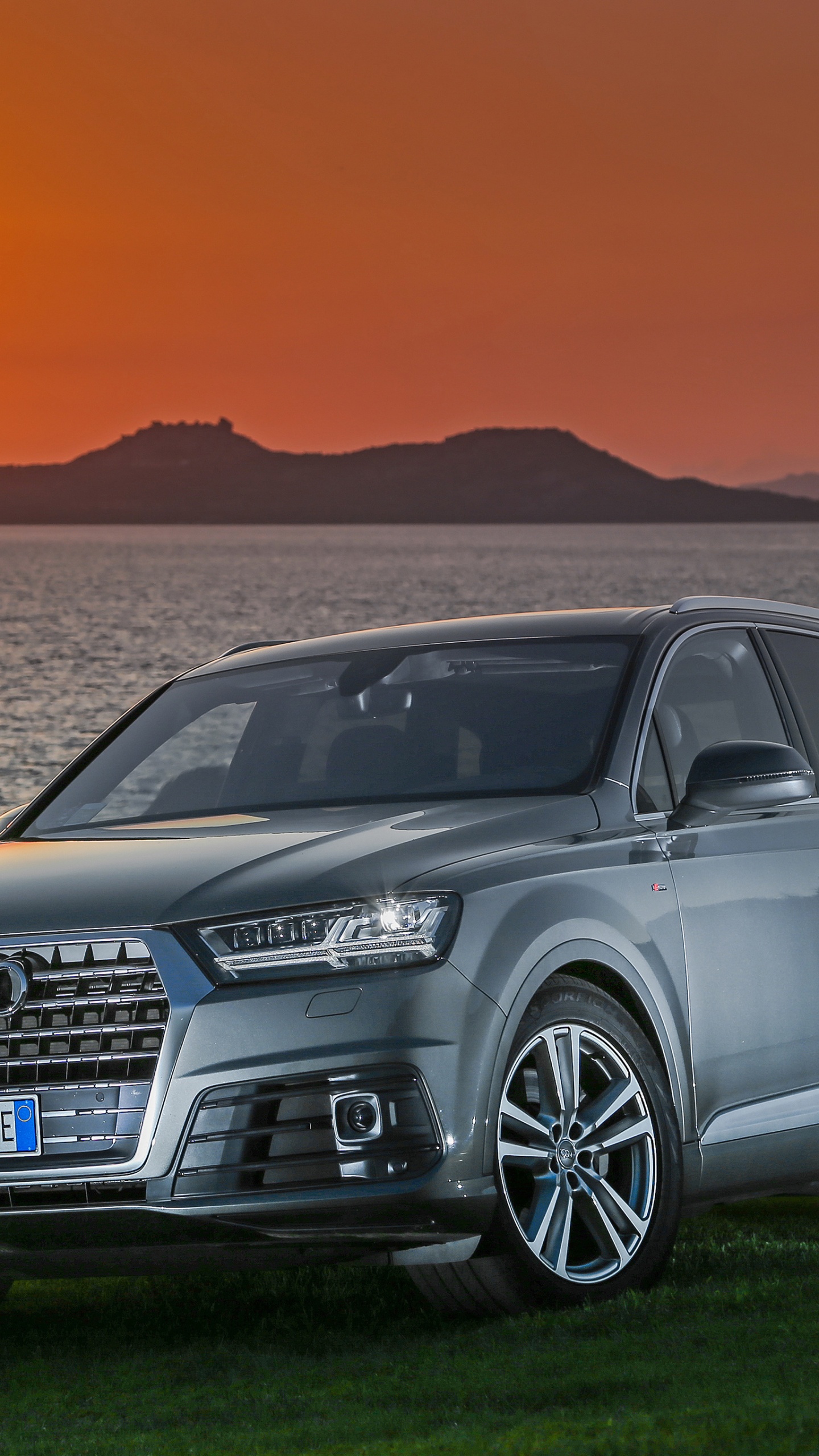 Schwarzer Audi a 4 Auf Grüner Wiese Bei Sonnenuntergang. Wallpaper in 1440x2560 Resolution