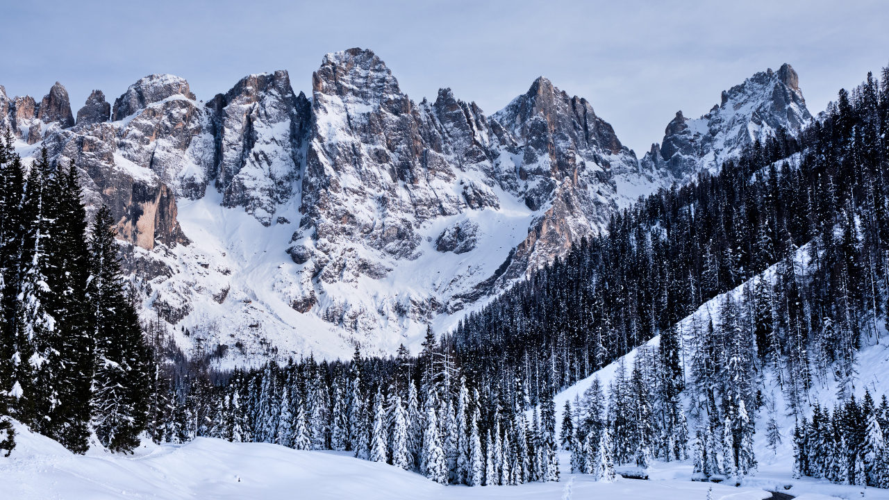 Pala Group, Mountainous Landforms, Snow, Mountain, Winter. Wallpaper in 1280x720 Resolution