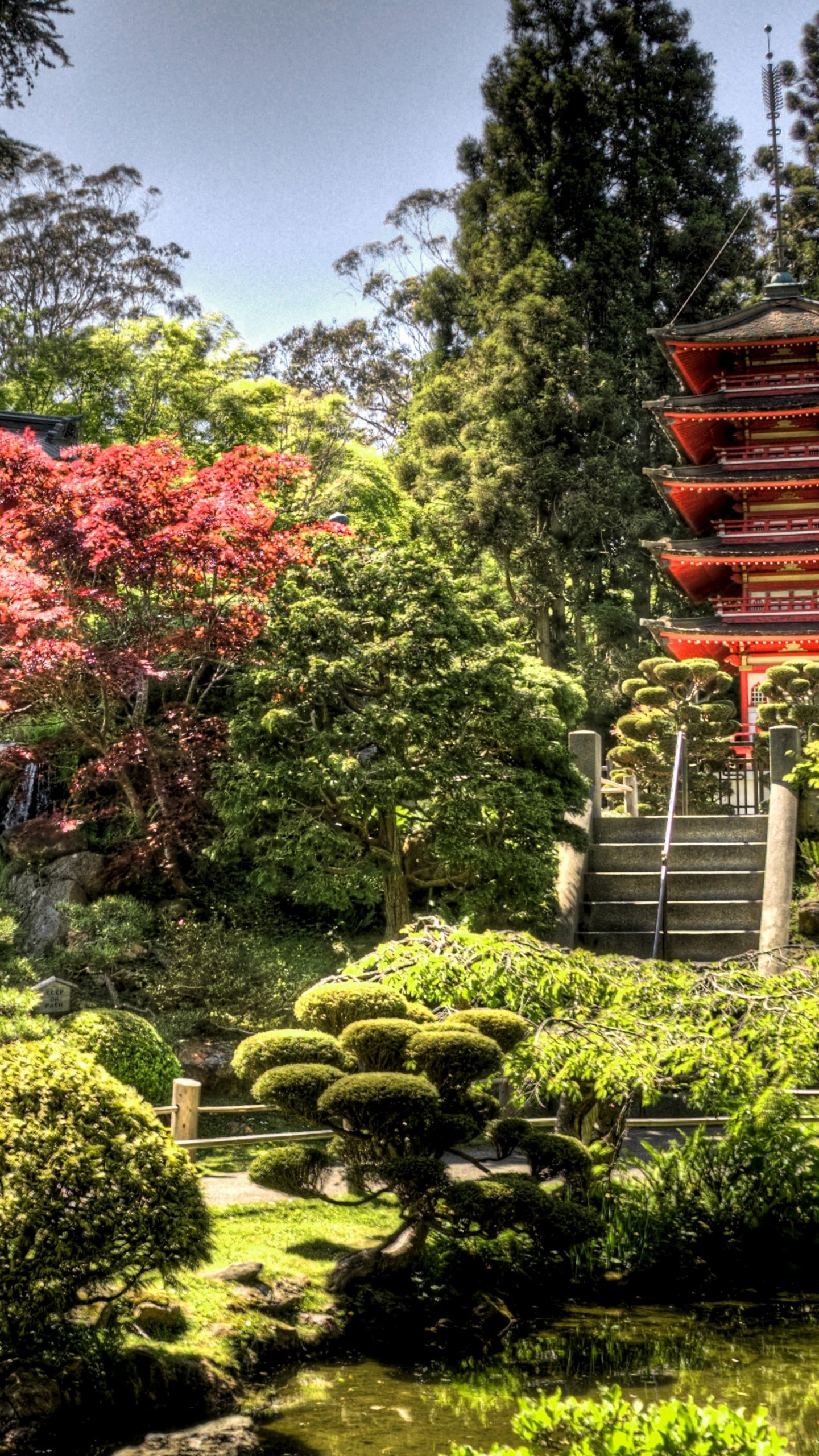 Pagoda Roja y Marrón Rodeada de Árboles y Plantas Verdes Bajo un Cielo Azul Durante el Día. Wallpaper in 1440x2560 Resolution