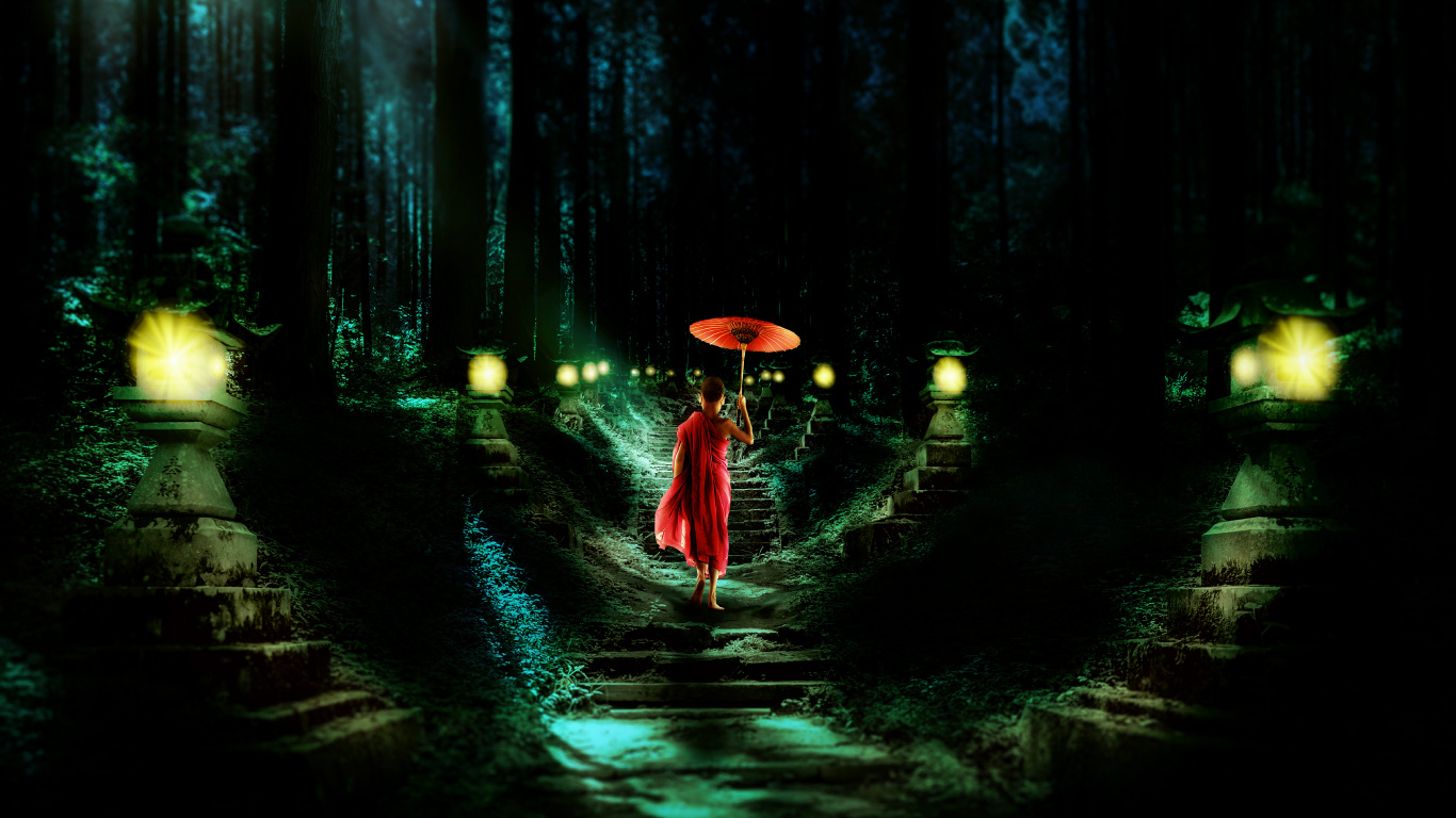 Femme en Robe Rouge Tenant un Parapluie Marchant Sur le Sentier. Wallpaper in 1366x768 Resolution