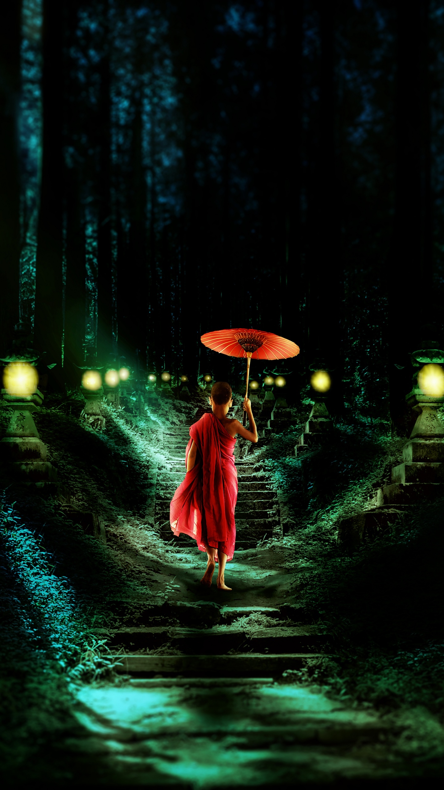 Femme en Robe Rouge Tenant un Parapluie Marchant Sur le Sentier. Wallpaper in 1440x2560 Resolution
