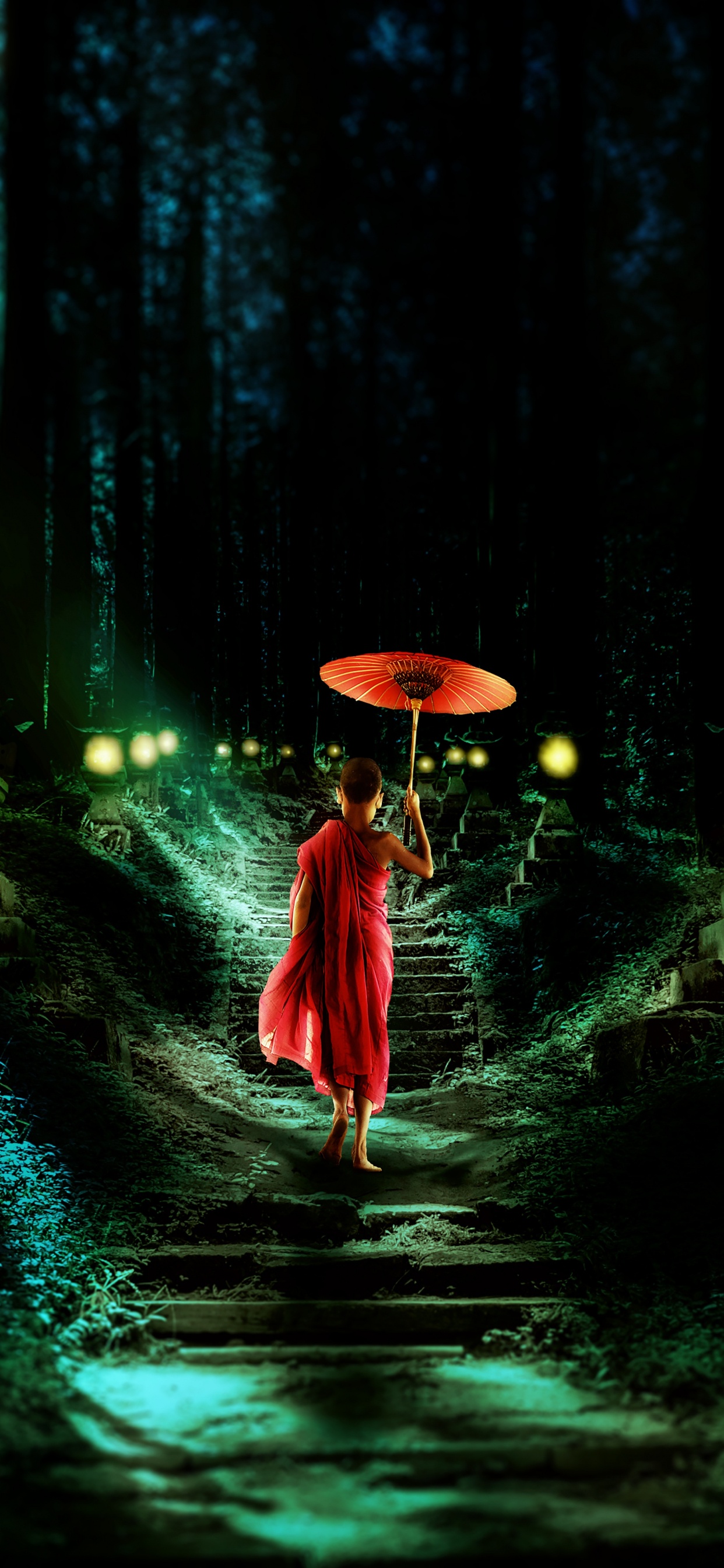 Frau im Roten Kleid Mit Regenschirm zu Fuß Auf Dem Weg. Wallpaper in 1242x2688 Resolution