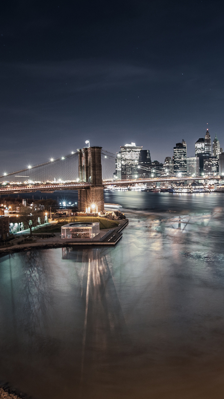 Bridge Over River Near City Buildings During Night Time. Wallpaper in 750x1334 Resolution
