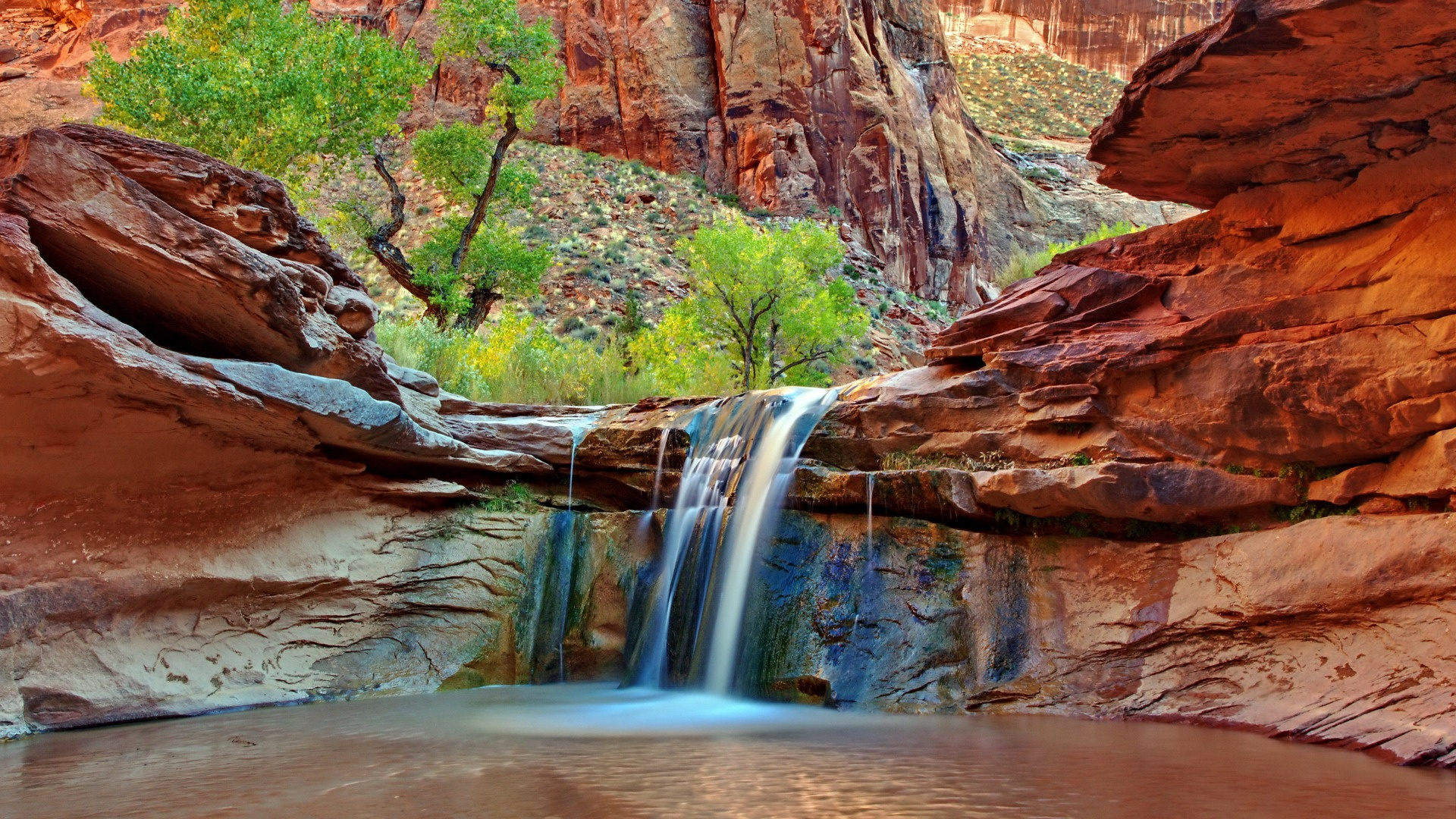 Water Falls in The Middle of Brown Rocky Mountain. Wallpaper in 1920x1080 Resolution