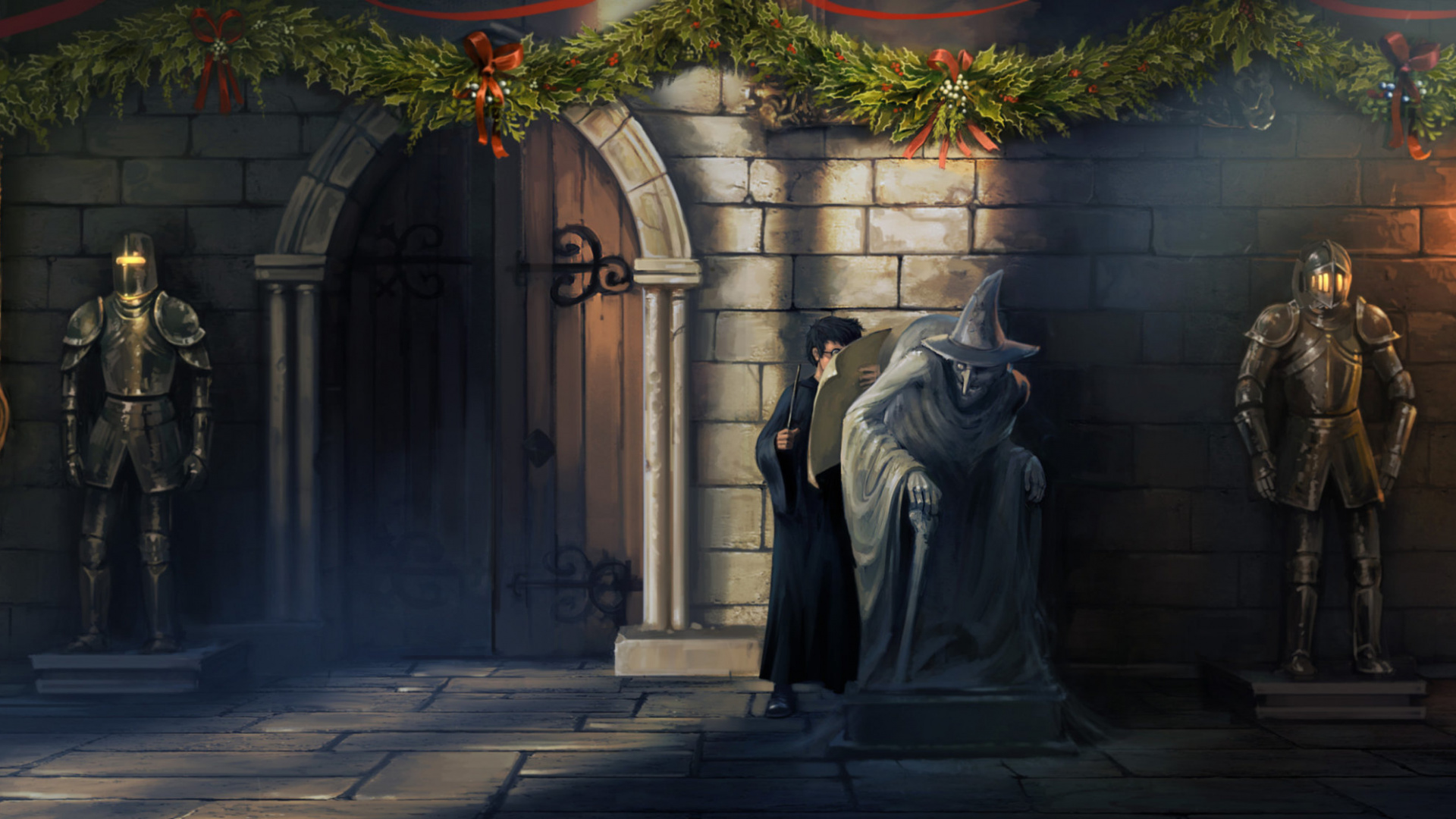 Man in Black Robe Standing Beside Woman in Black Dress Statue. Wallpaper in 1920x1080 Resolution