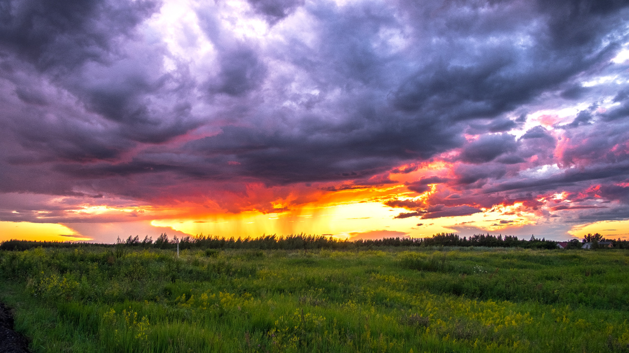 Green Grass Field Under Cloudy Sky During Sunset. Wallpaper in 1280x720 Resolution