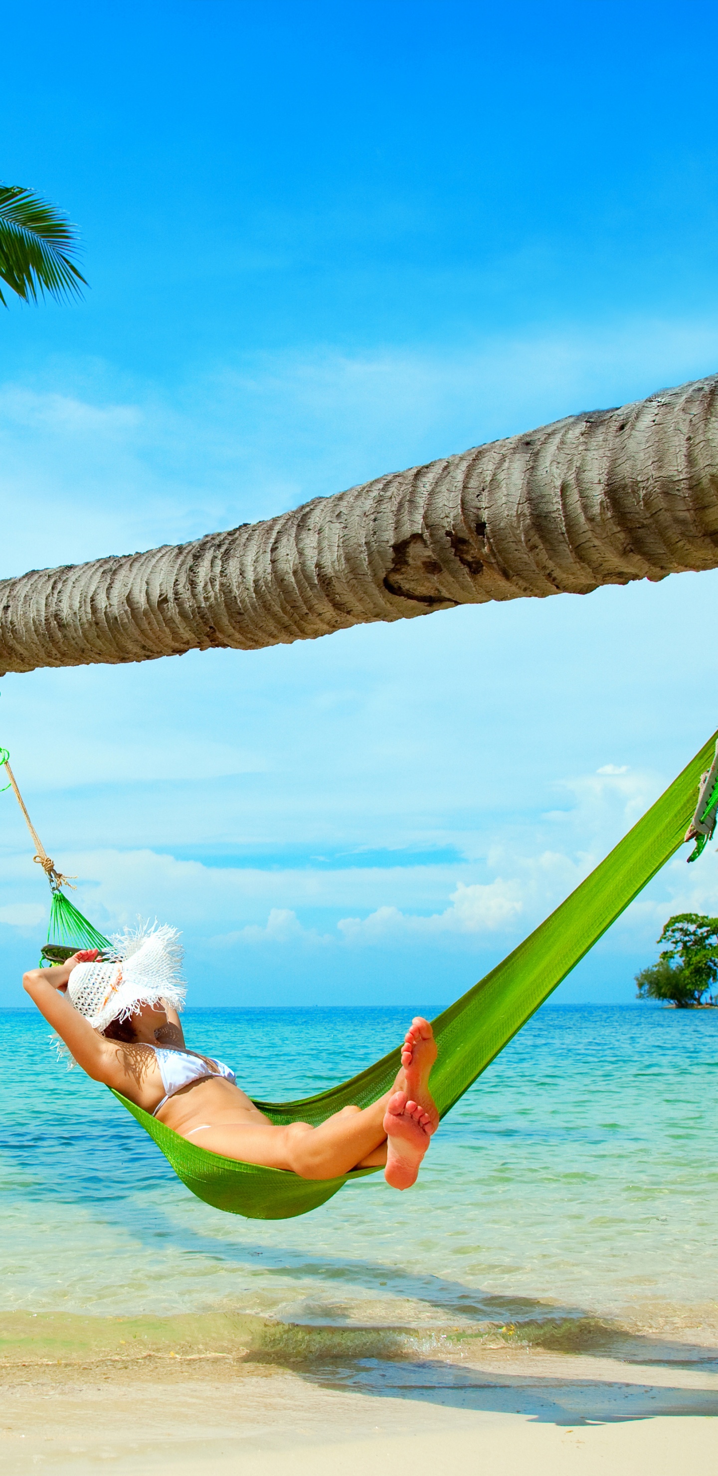 Woman in White Shirt and Green Shorts Lying on Hammock Under Coconut Tree During Daytime. Wallpaper in 1440x2960 Resolution