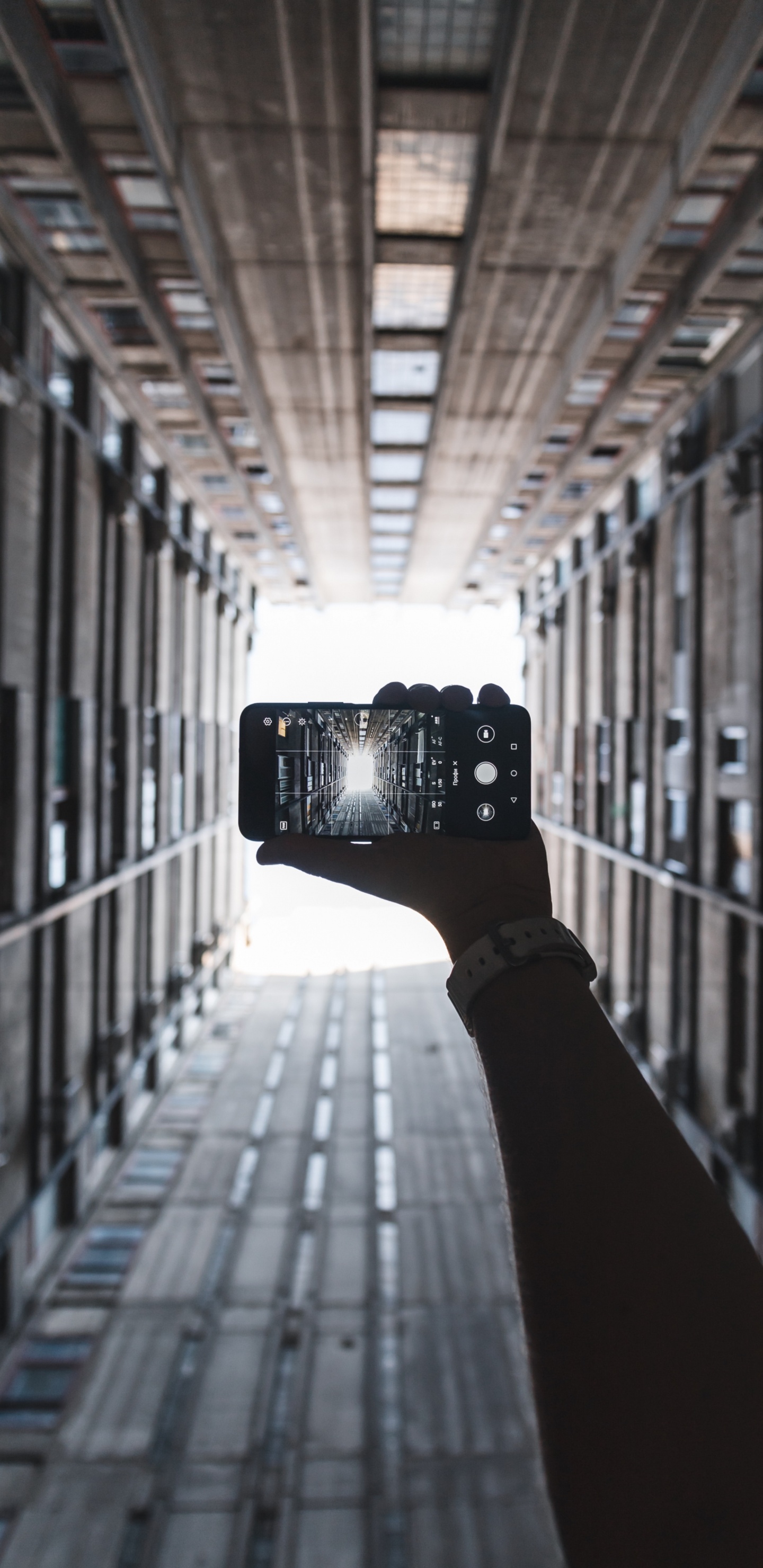 Person Holding Black Camera in Between of Building During Daytime. Wallpaper in 1440x2960 Resolution
