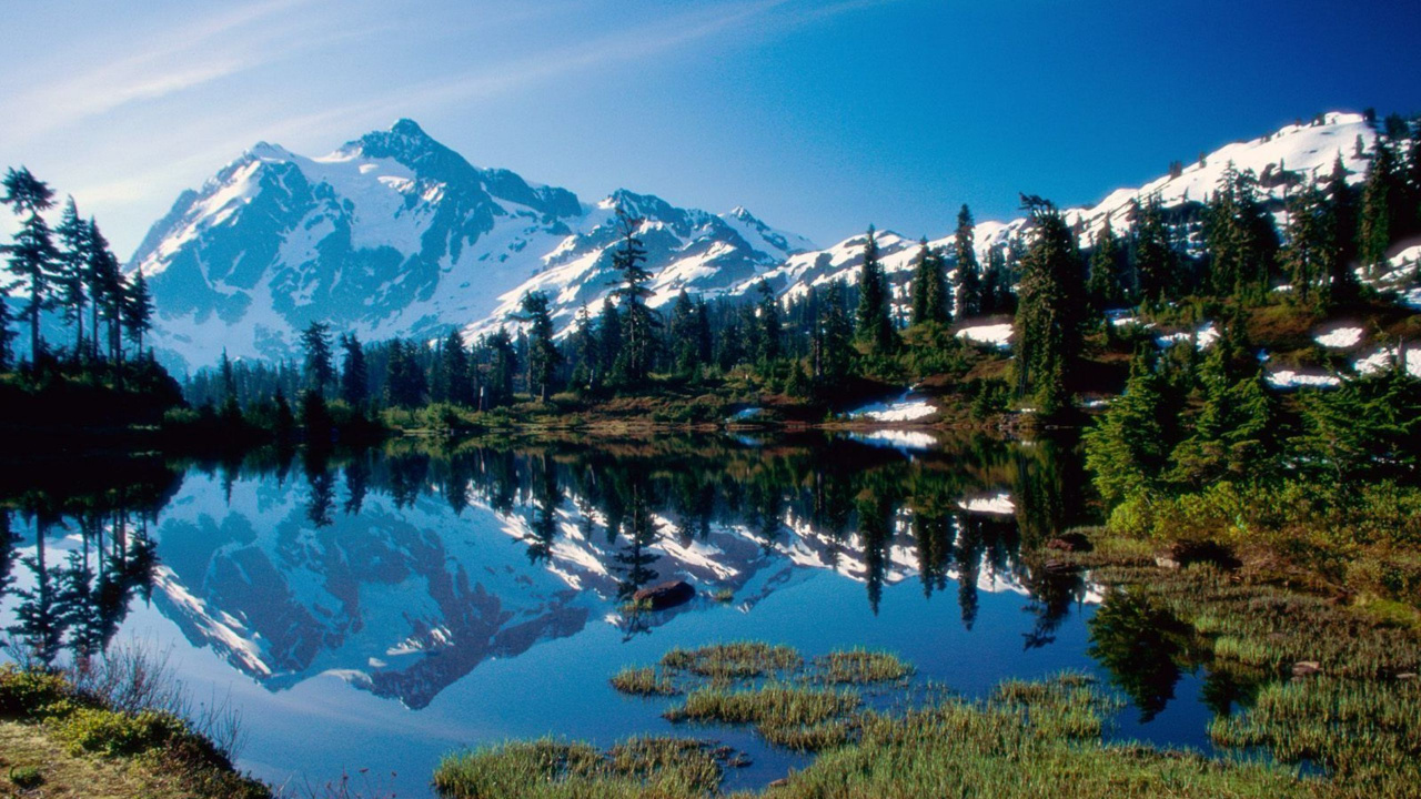 Green Trees Near Lake and Snow Covered Mountain During Daytime. Wallpaper in 1280x720 Resolution