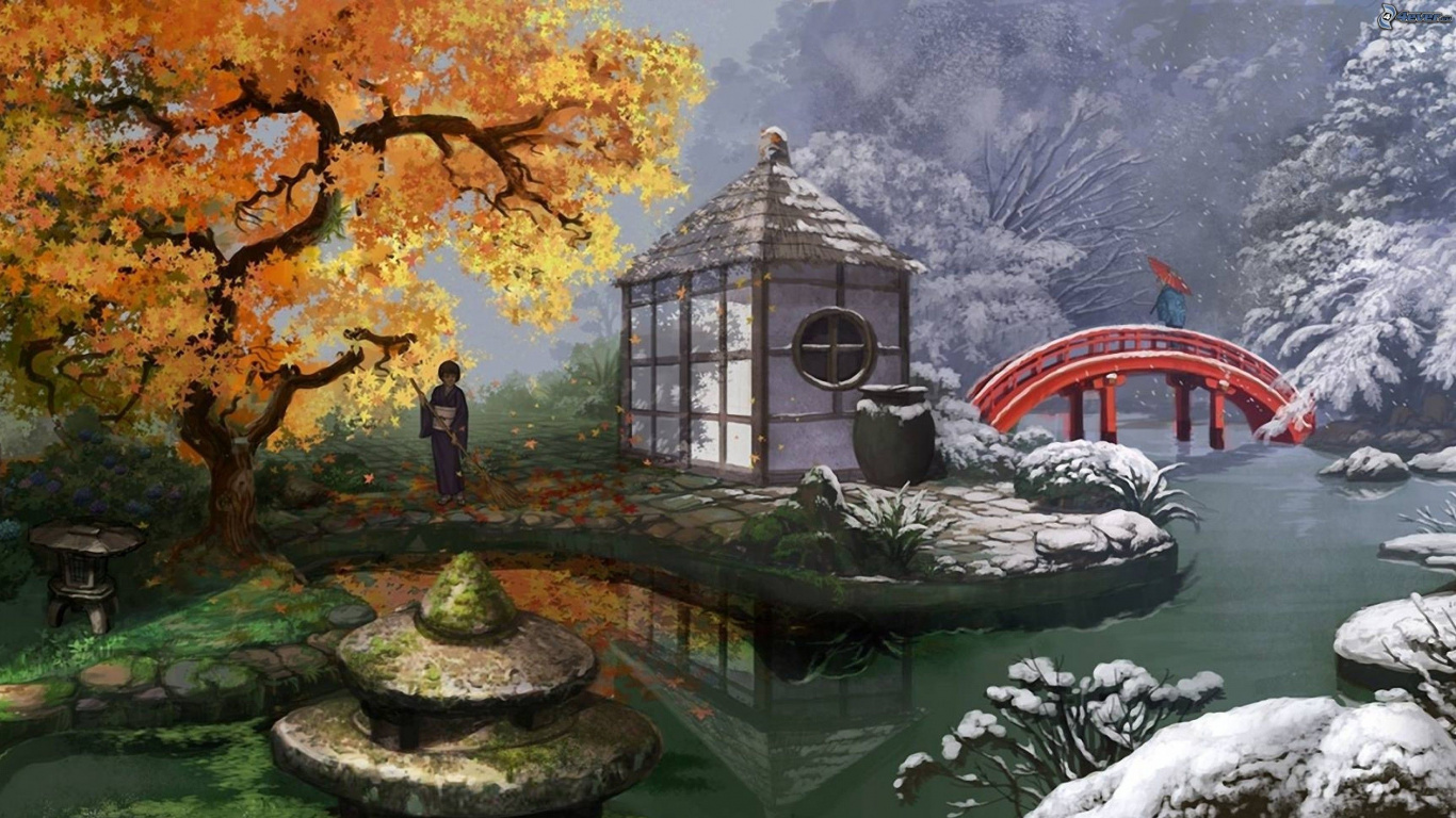 White and Brown House Near River Painting. Wallpaper in 1366x768 Resolution