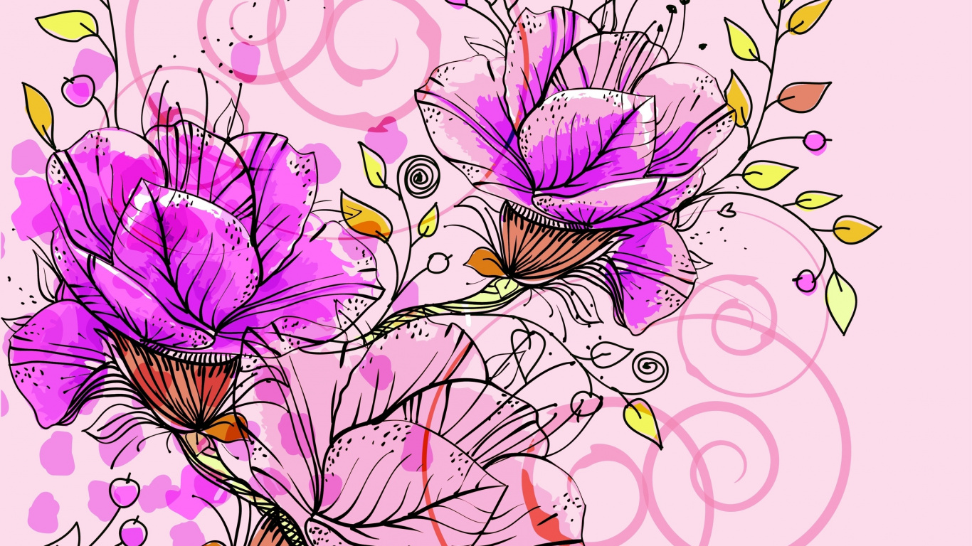Lila Und Weiße Blumenillustration. Wallpaper in 1366x768 Resolution