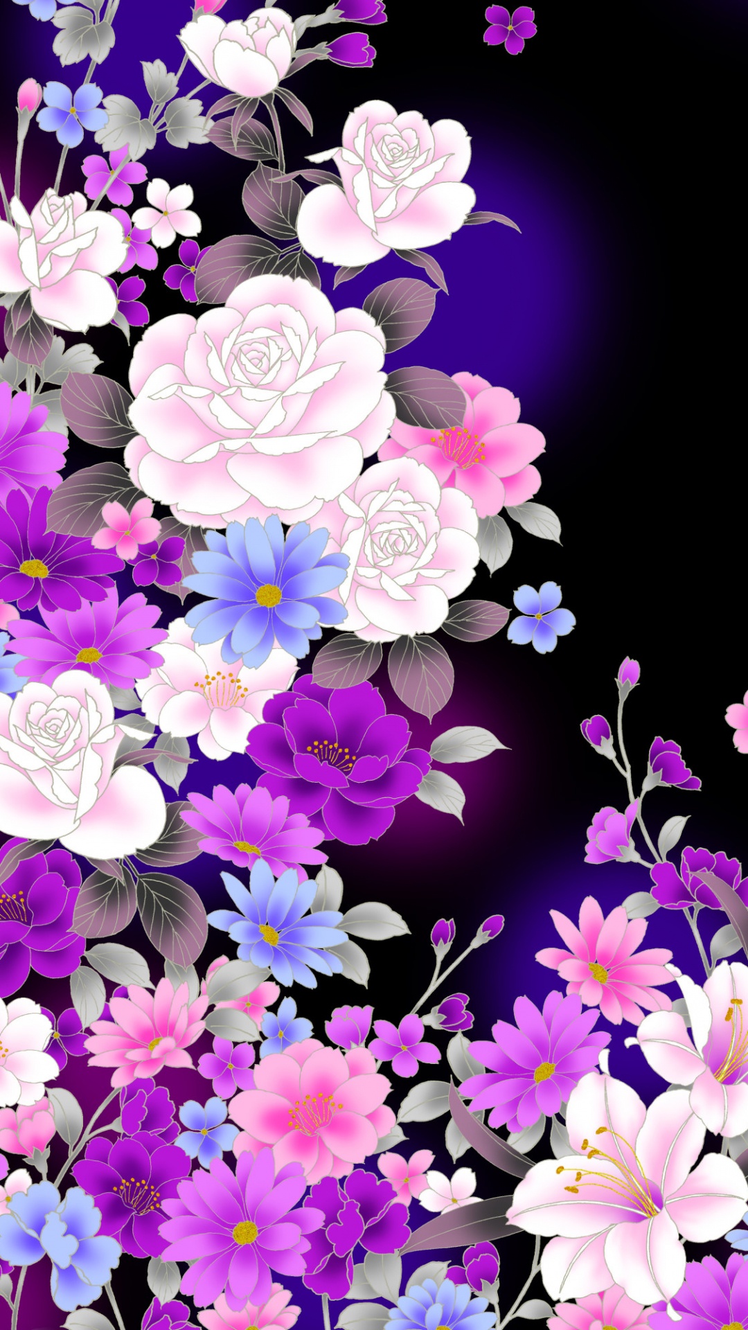 Fleurs Violettes et Blanches Avec Des Feuilles Vertes. Wallpaper in 1080x1920 Resolution