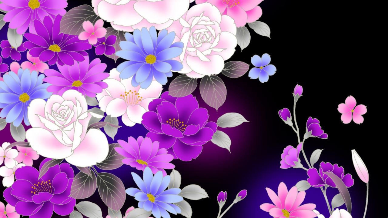 Flores Púrpuras y Blancas Con Hojas Verdes. Wallpaper in 1280x720 Resolution