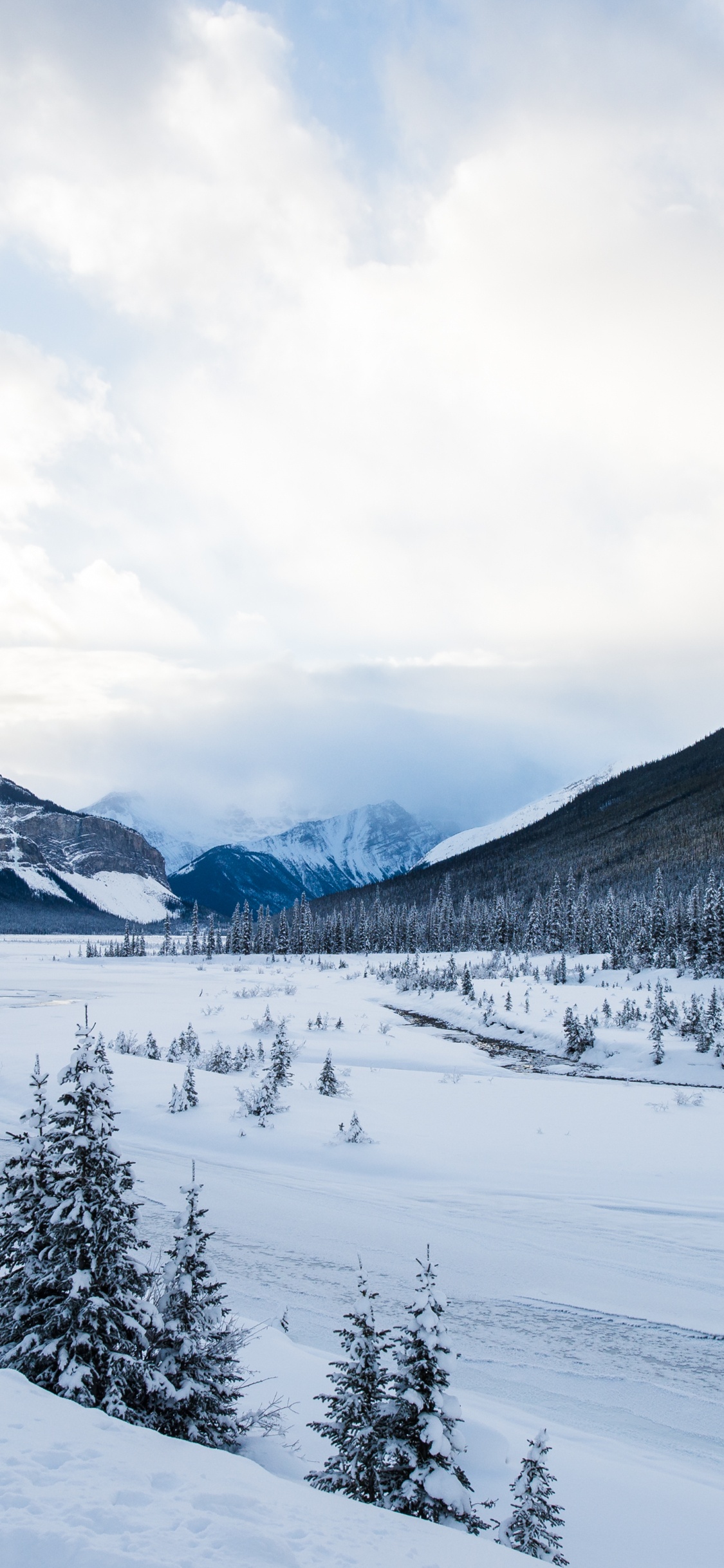Montaña, Nieve, Naturaleza, Invierno, Río. Wallpaper in 1125x2436 Resolution