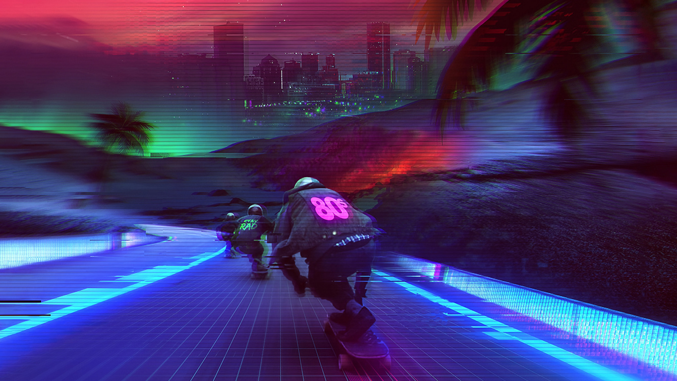 Denny Busyet, 1990s, 1980s, Synthwave, Poster. Wallpaper in 1366x768 Resolution