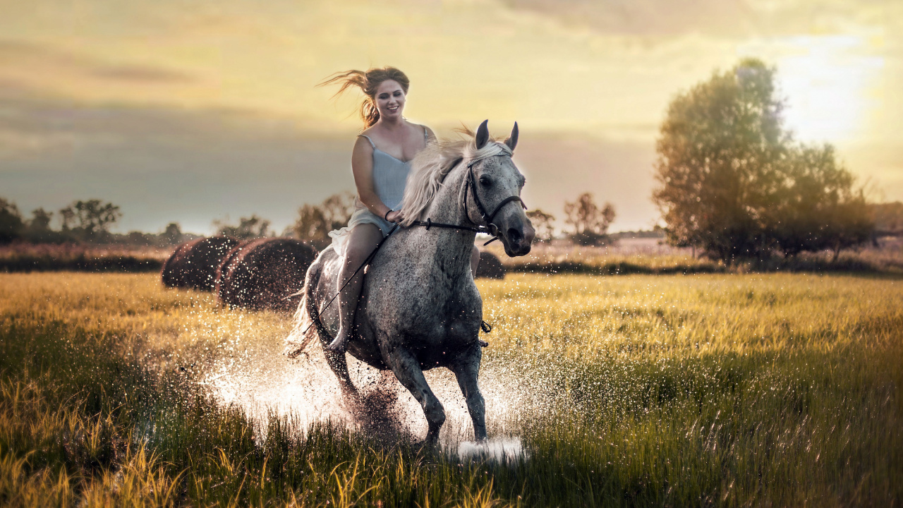 Woman in White Tank Top Riding on White Horse on Green Grass Field During Daytime. Wallpaper in 1280x720 Resolution