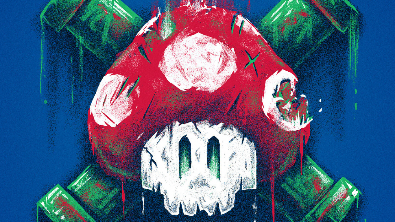 Cráneo de Hongo Mario, Seta, Camiseta, Nintendo, Tubos de Urdimbre. Wallpaper in 1366x768 Resolution