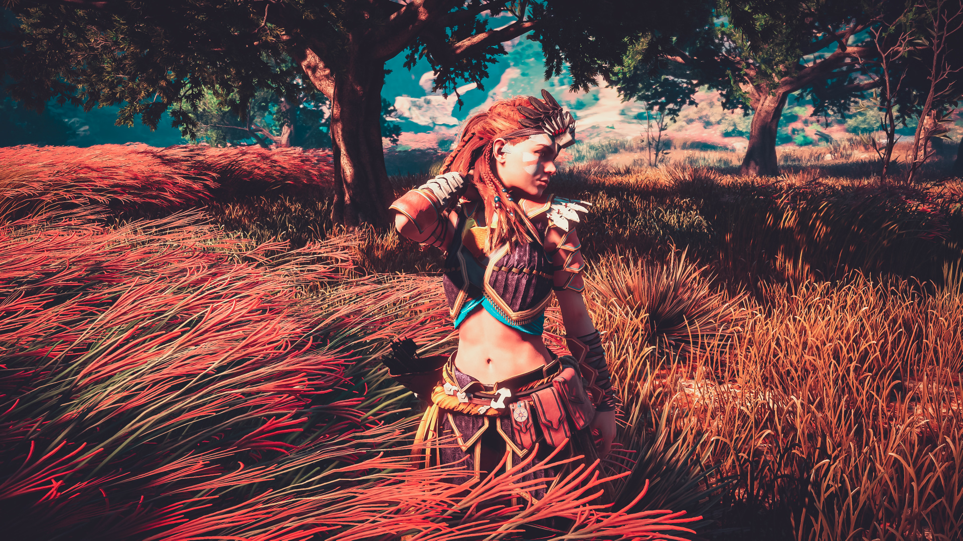 Aloy, Horizon Zero Dawn, Beauty, Tree, Red Hair. Wallpaper in 1920x1080 Resolution