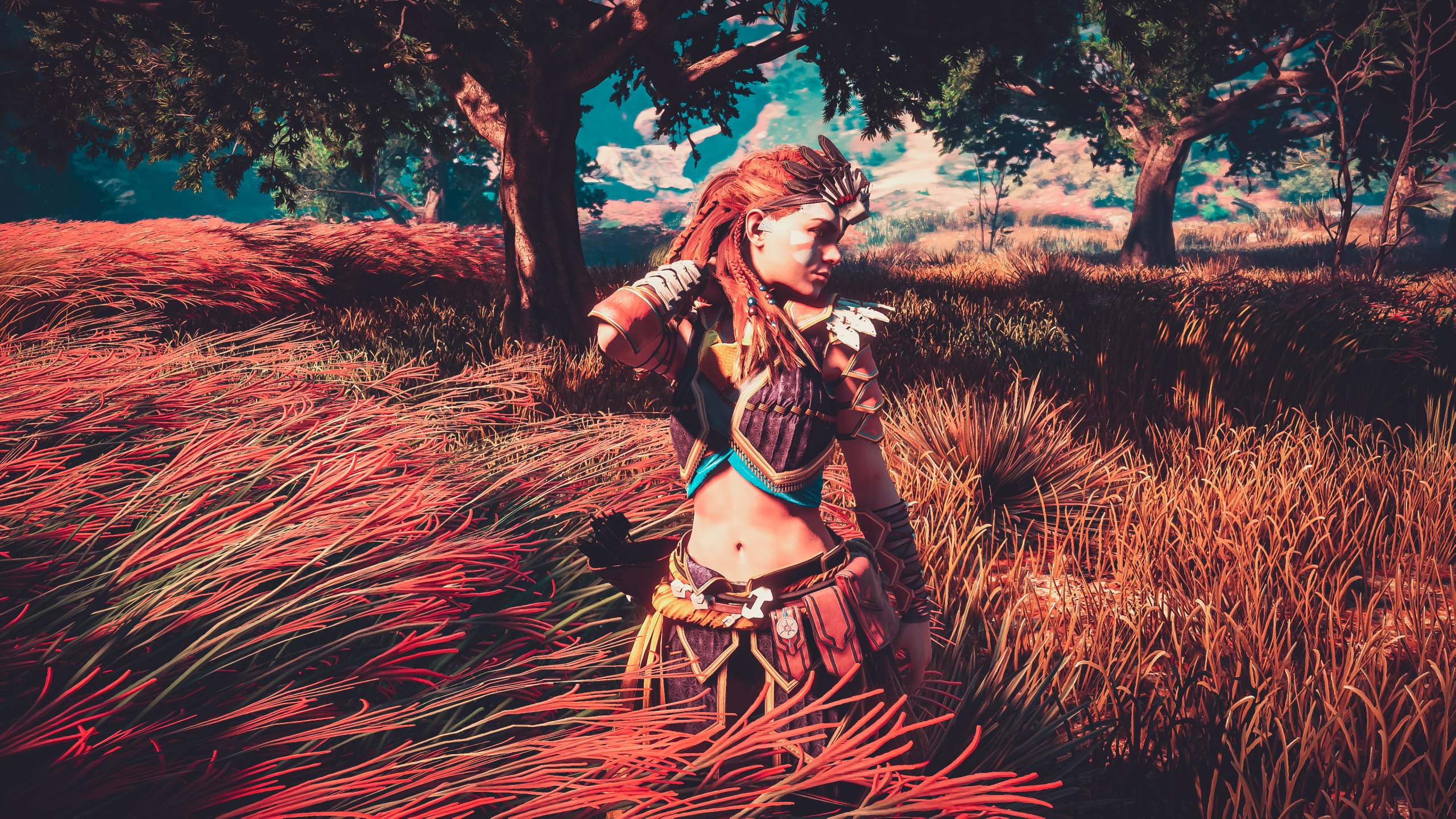 Aloy, Horizon Zero Dawn, Beauty, Tree, Red Hair. Wallpaper in 2560x1440 Resolution