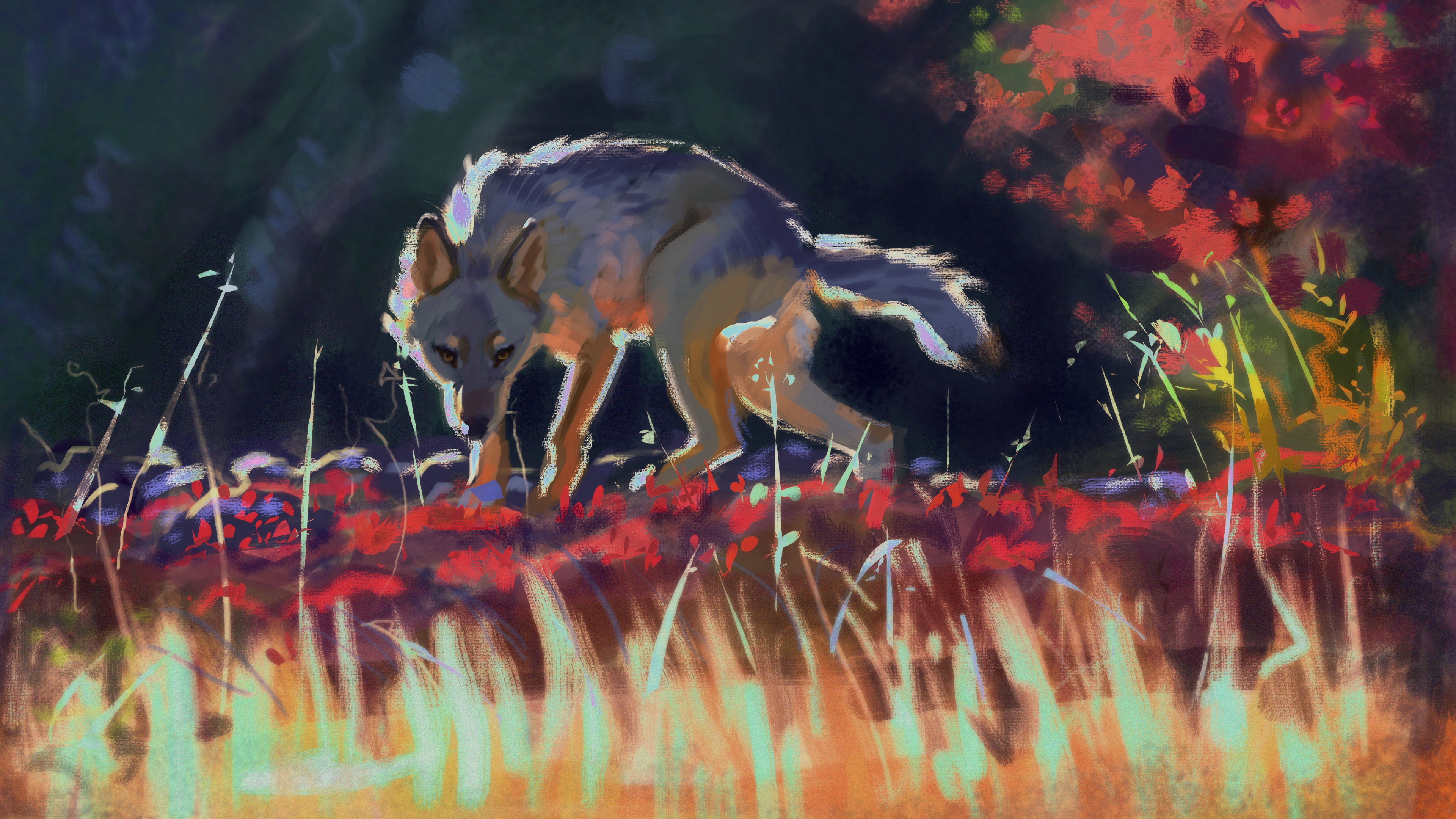Renard Blanc et Noir Sur la Peinture de Feuilles Rouges et Jaunes. Wallpaper in 3840x2160 Resolution