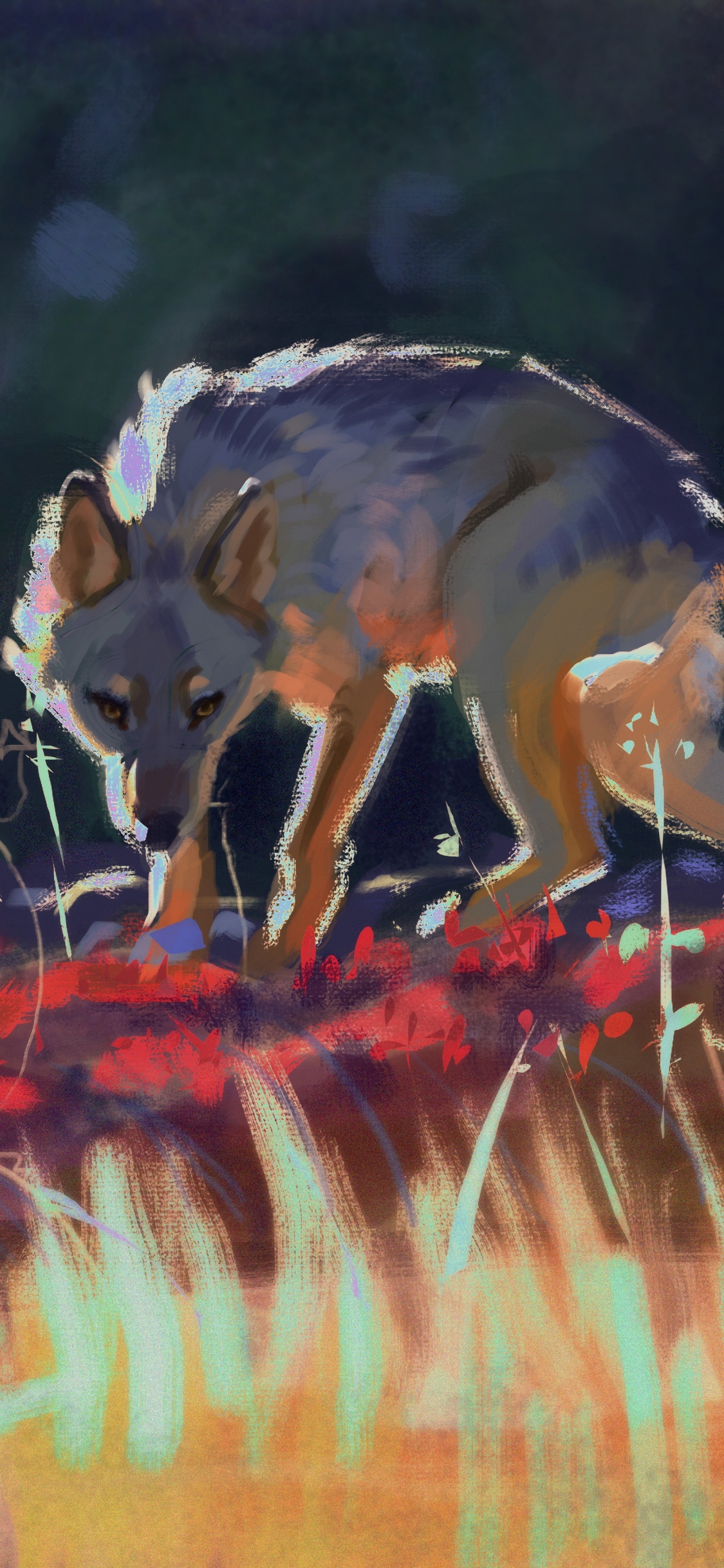 Weißer Und Schwarzer Fuchs Auf Roten Und Gelben Blättern Malerei. Wallpaper in 1125x2436 Resolution