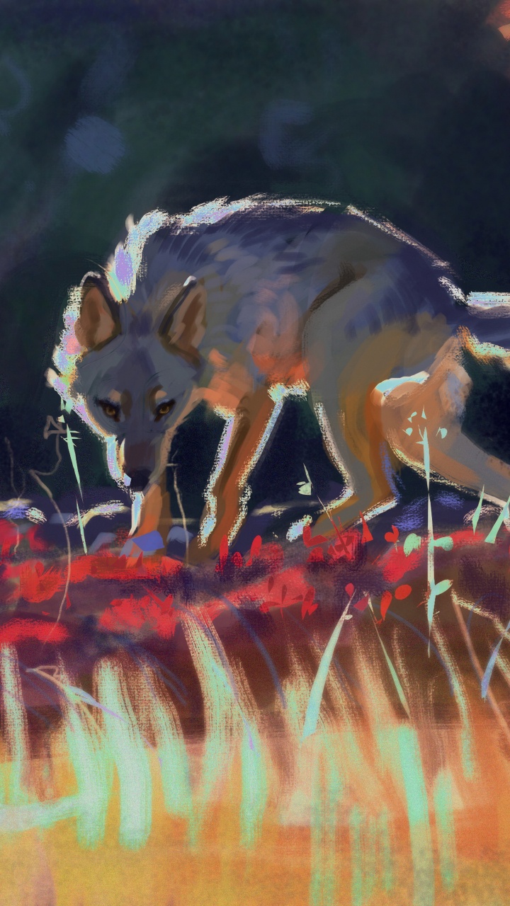 Weißer Und Schwarzer Fuchs Auf Roten Und Gelben Blättern Malerei. Wallpaper in 720x1280 Resolution