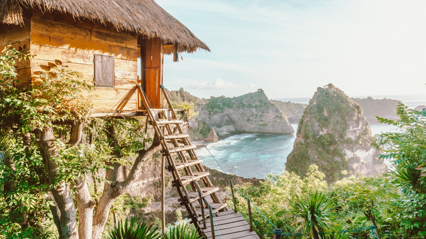 Aussichtspunkt Tausend Inseln, Klippenabfluss, Kelingking Strand Nusa Penida, Bali, Goa Giri Putri-Tempel. Wallpaper in 1366x768 Resolution