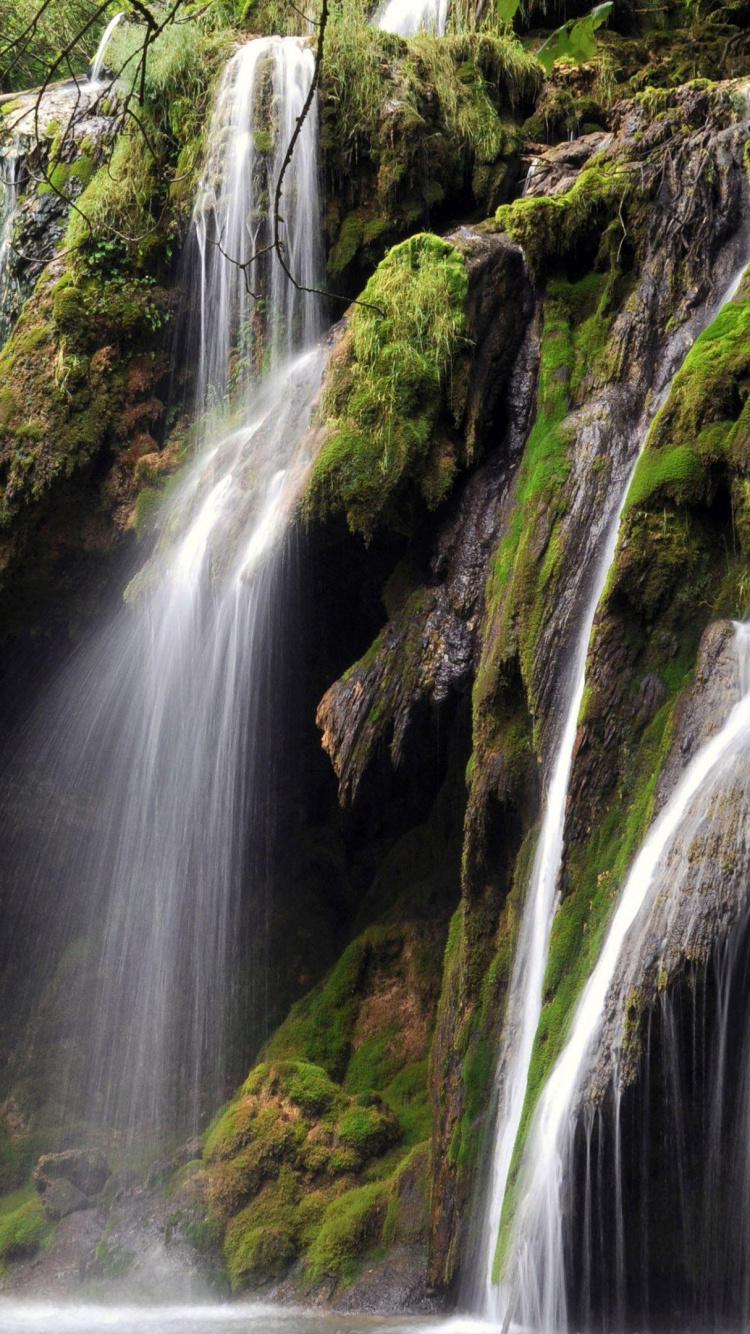 Wasser Fällt Inmitten Von Grünen, Moosbedeckten Felsen. Wallpaper in 750x1334 Resolution