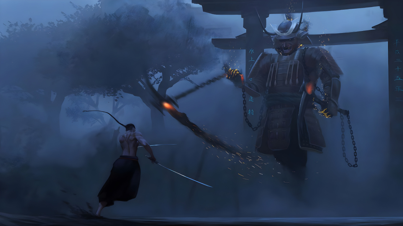 Samurai, Kunst, Baum, Action-Abenteuer-Spiel, Nebel. Wallpaper in 1366x768 Resolution