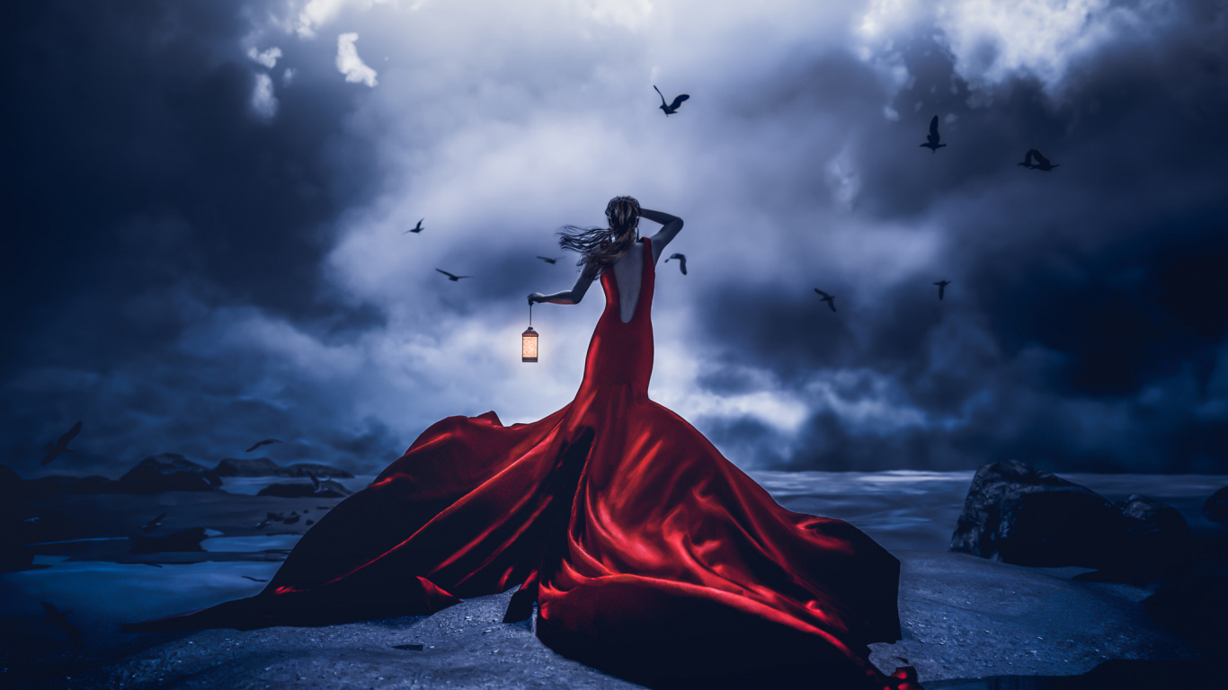 Frau im Roten Kleid Steht Auf Grauem Sand Unter Grauen Wolken. Wallpaper in 1366x768 Resolution