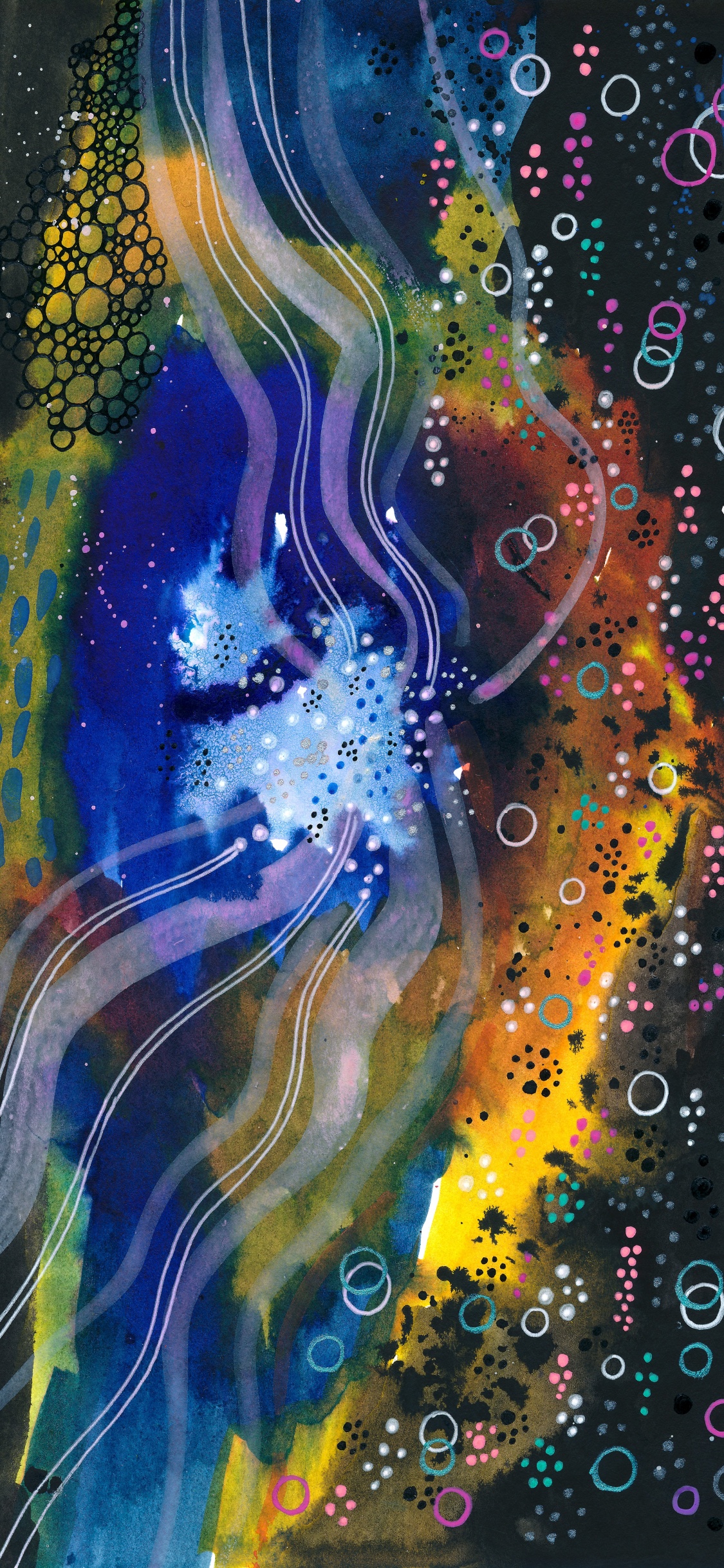 Peinture Abstraite Bleu Blanc et Jaune. Wallpaper in 1125x2436 Resolution