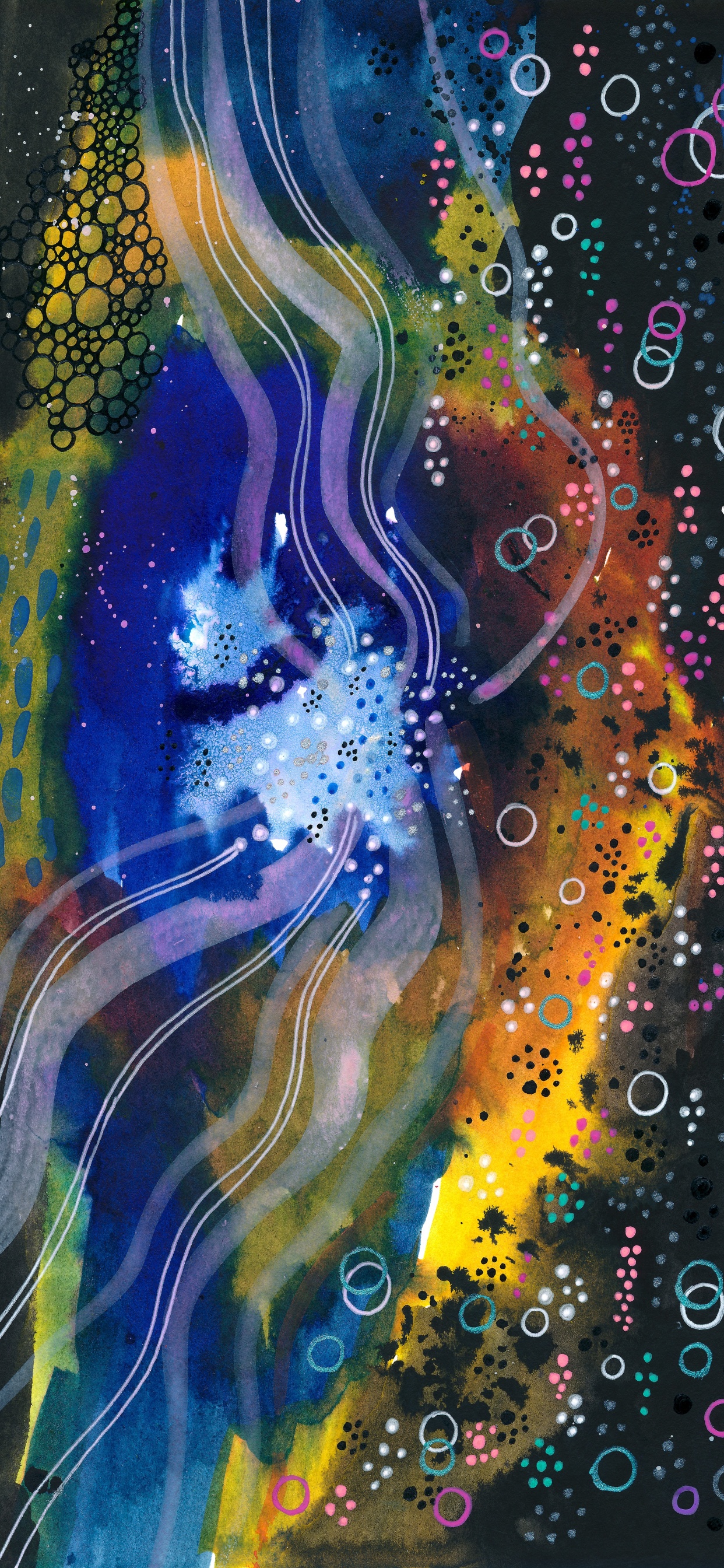 Peinture Abstraite Bleu Blanc et Jaune. Wallpaper in 1242x2688 Resolution