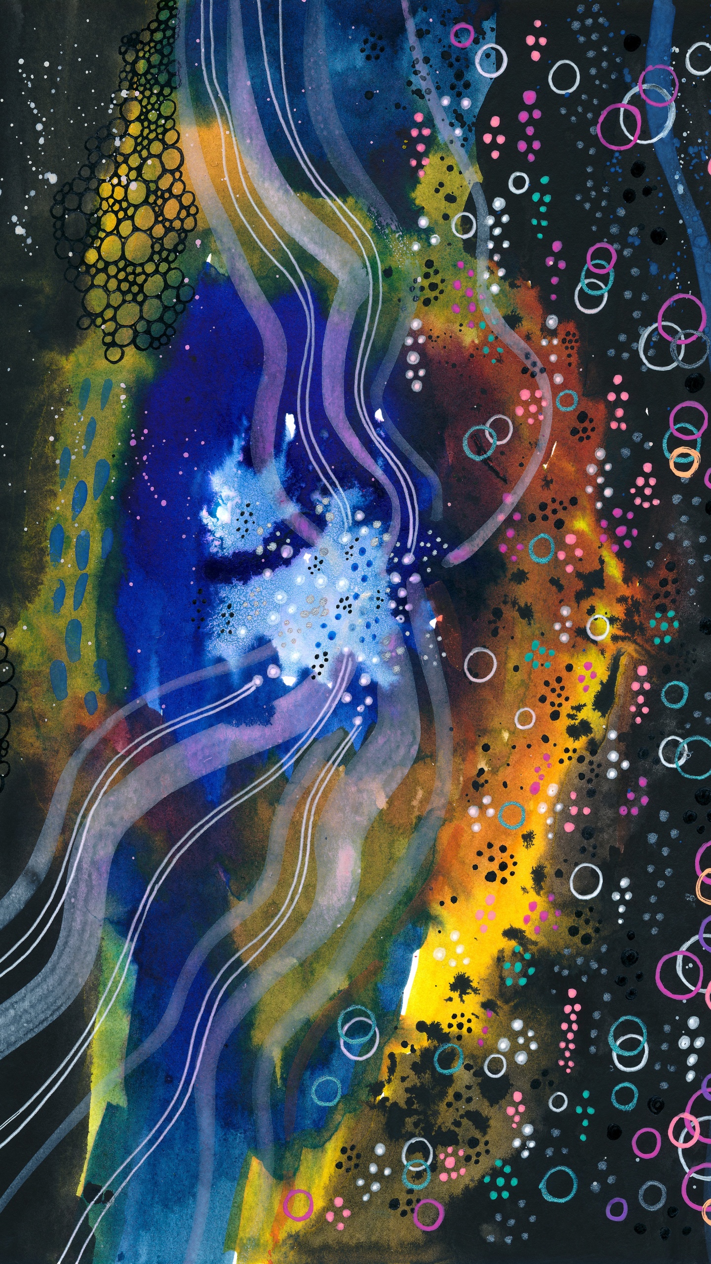 Peinture Abstraite Bleu Blanc et Jaune. Wallpaper in 1440x2560 Resolution