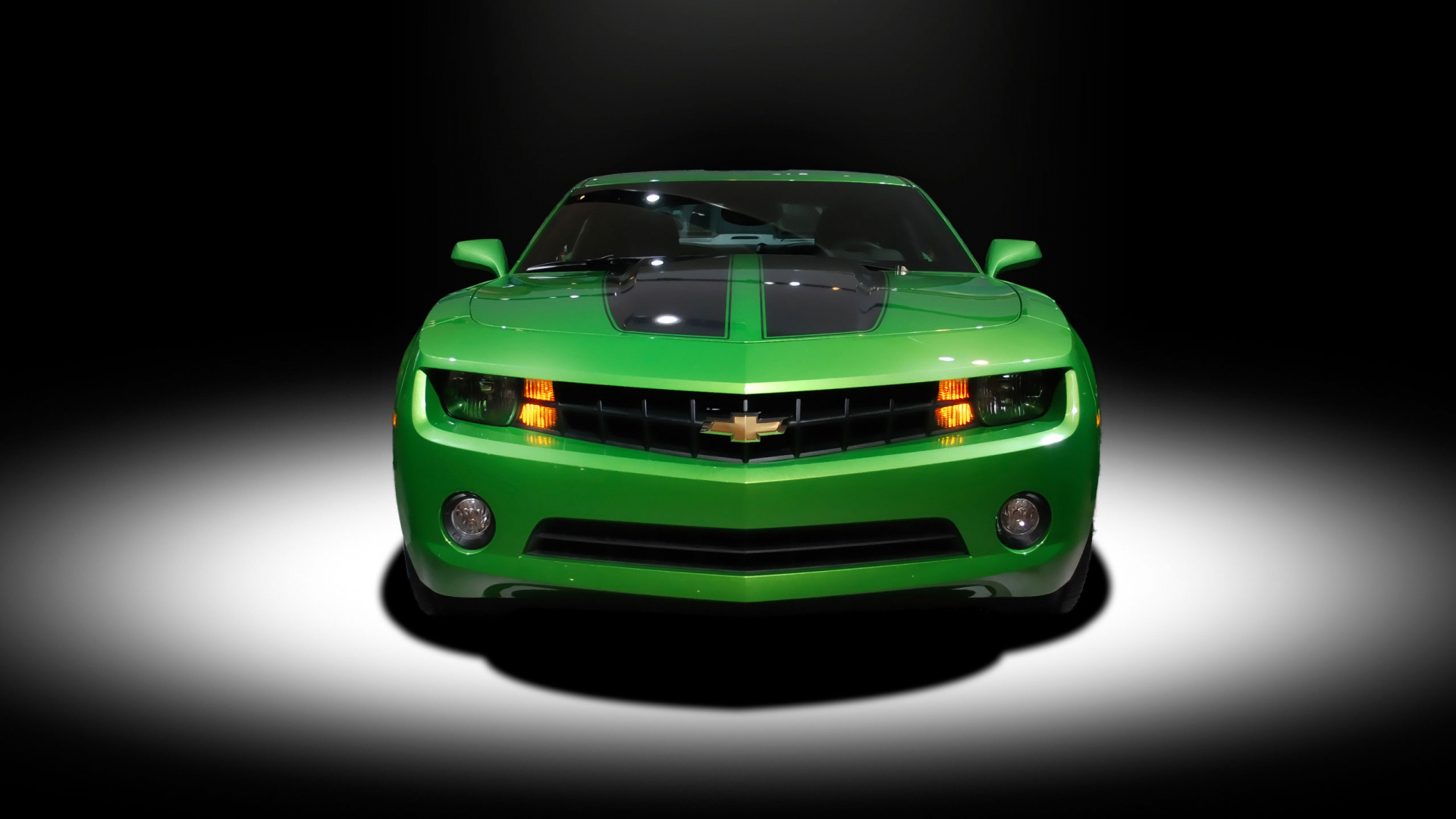 Green Chevrolet Camaro in a Dark Room. Wallpaper in 1920x1080 Resolution