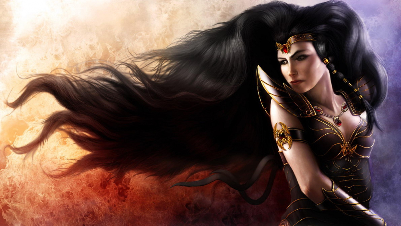 Woman in Black Hair Wearing Gold Crown. Wallpaper in 1280x720 Resolution