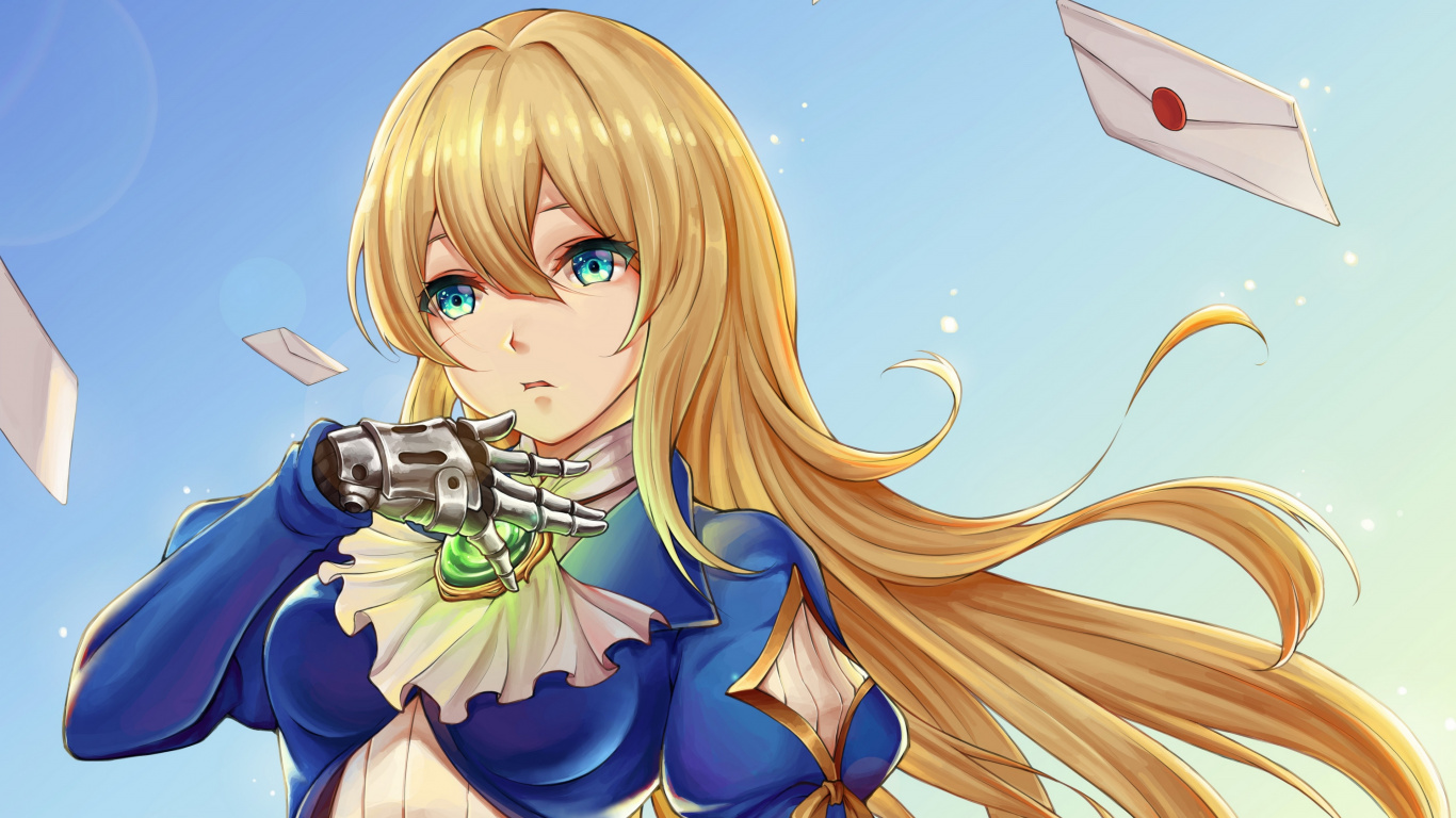 Anime, Violet Evergarden, Sleeve, Arm, Mouth. Wallpaper in 1366x768 Resolution