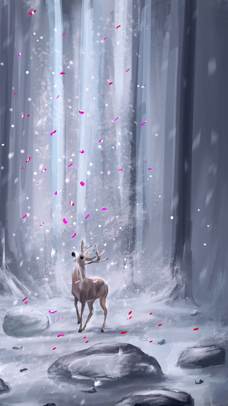 Brown Deer on Snow Covered Ground. Wallpaper in 750x1334 Resolution