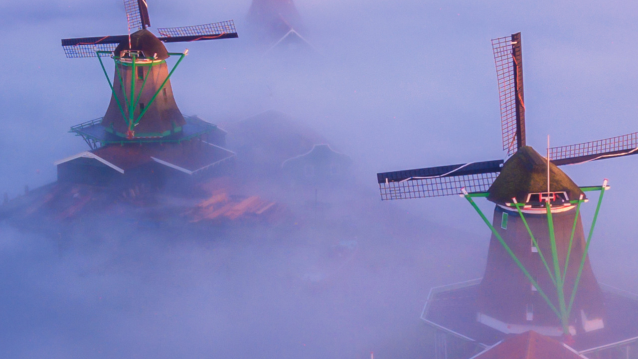 Eau, Zaanse Schans, Atmosphère, Brouillard, Matin. Wallpaper in 1280x720 Resolution