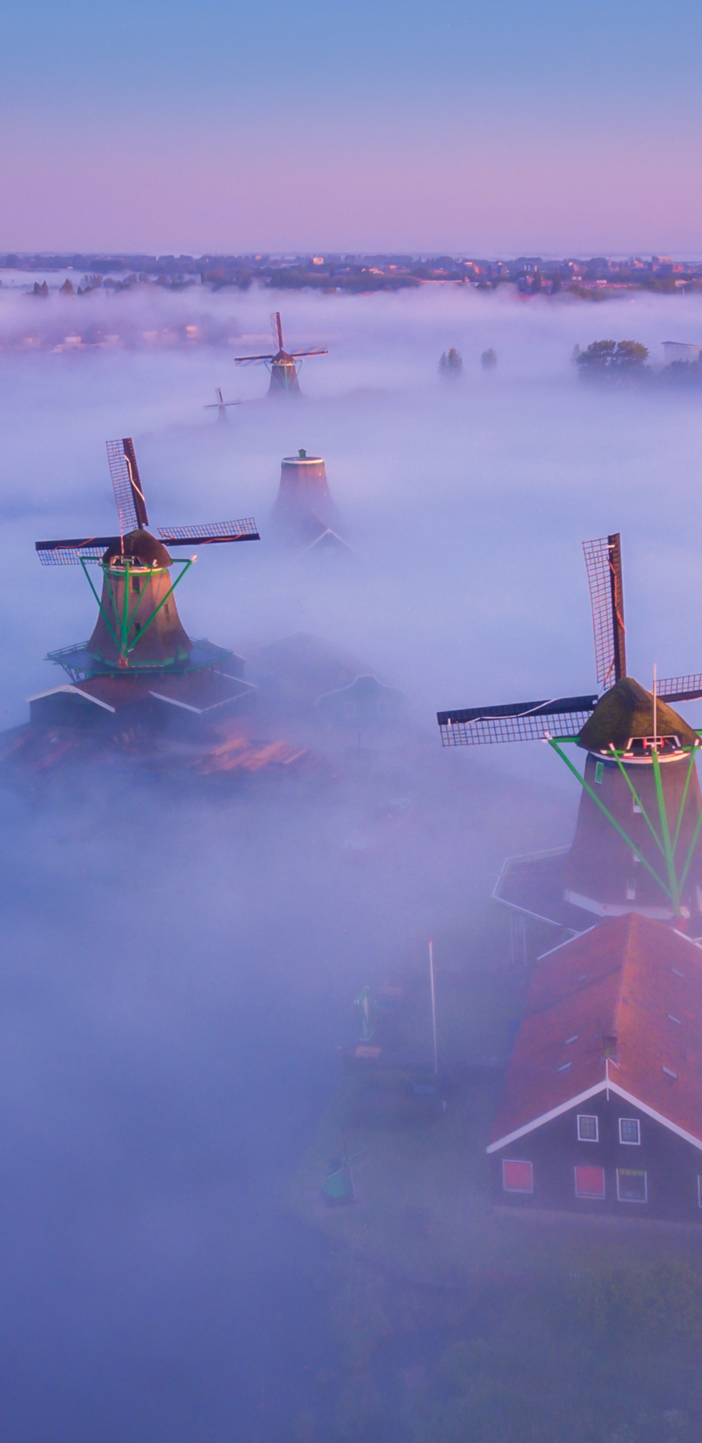 Water, Windmill, Zaanse Schans, Atmosphere, Fog. Wallpaper in 1440x2960 Resolution