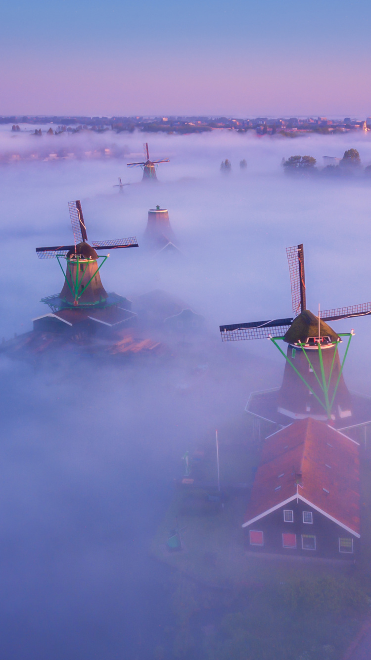 Water, Windmill, Zaanse Schans, Atmosphere, Fog. Wallpaper in 750x1334 Resolution