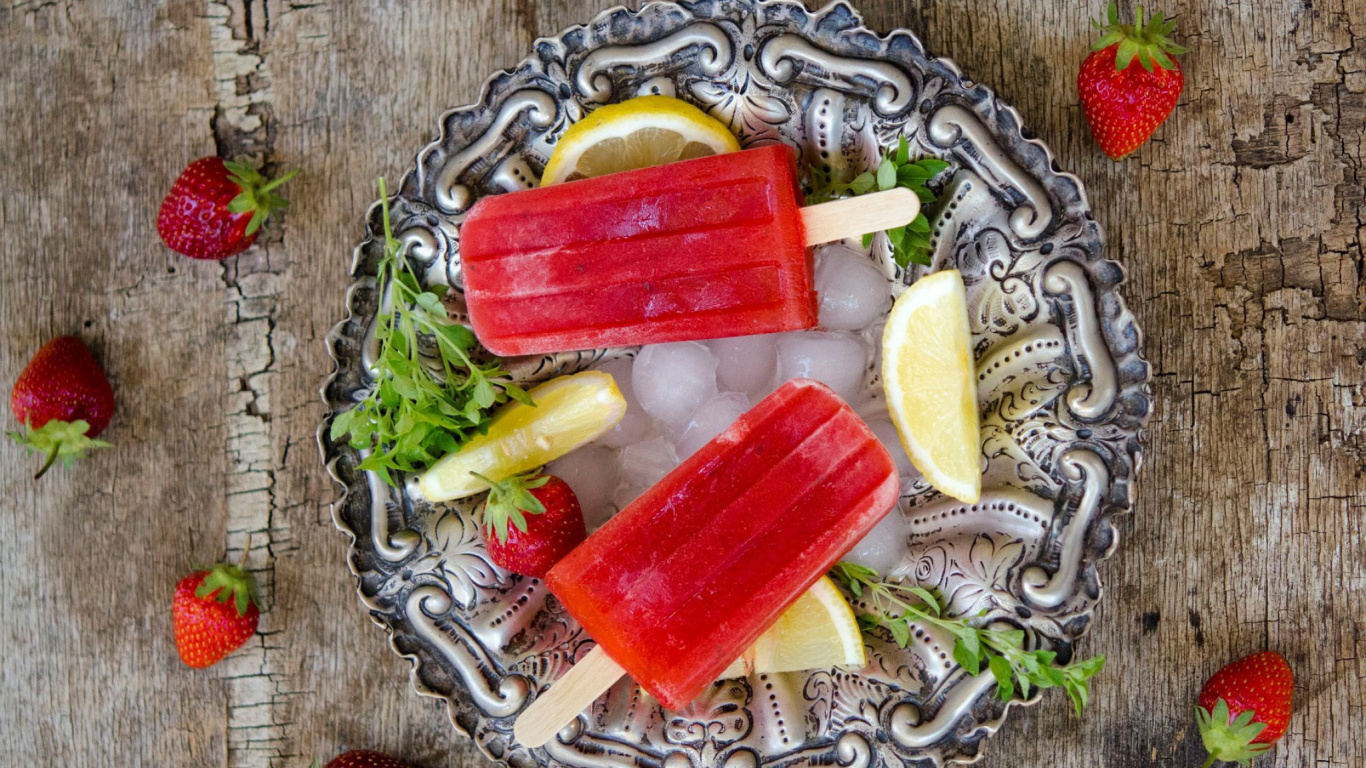 Red and Yellow Ice Cubes on Silver Round Tray. Wallpaper in 1366x768 Resolution