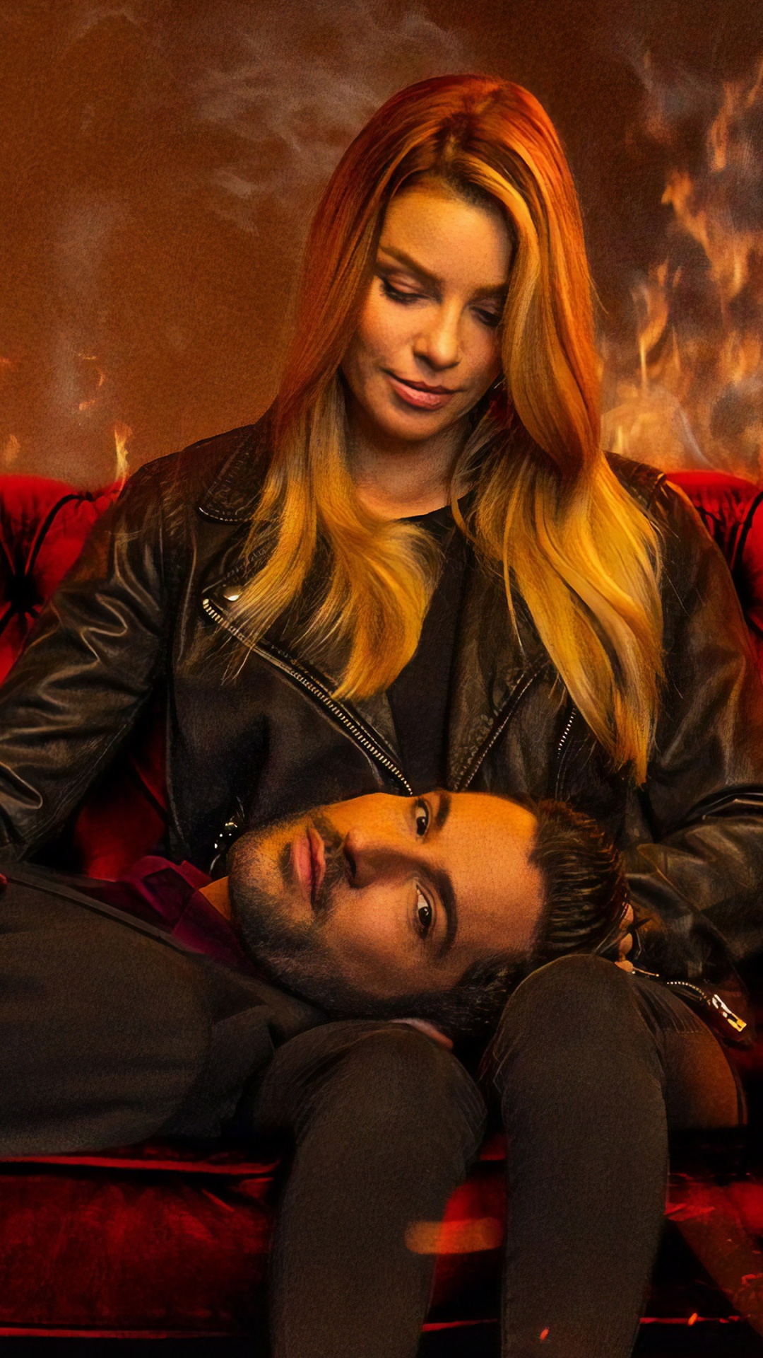 Woman in Black Leather Jacket Sitting on Red Couch. Wallpaper in 1080x1920 Resolution