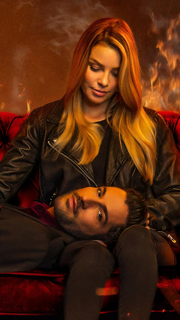 Woman in Black Leather Jacket Sitting on Red Couch. Wallpaper in 750x1334 Resolution