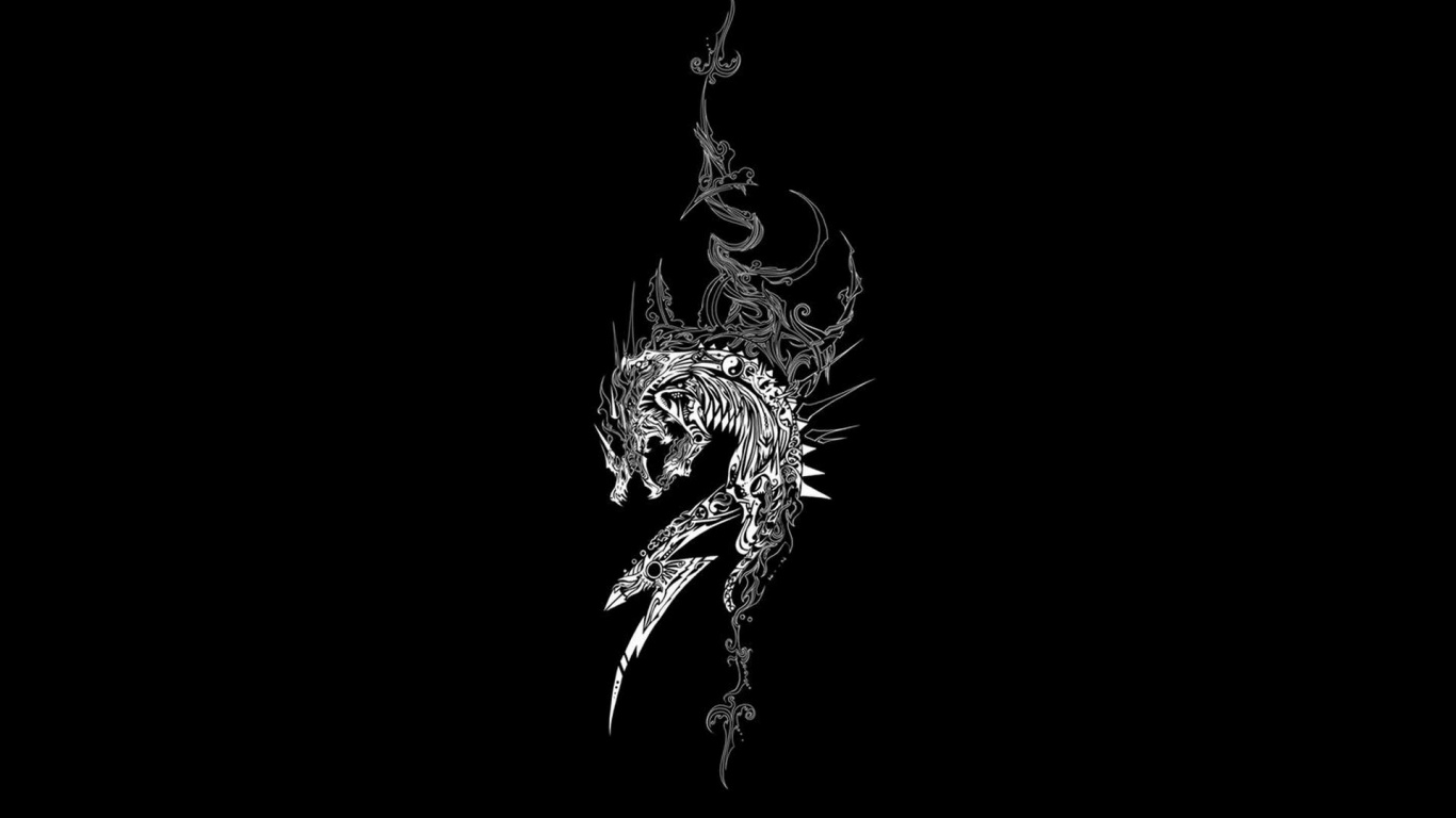 Black and White Dragon Sketch. Wallpaper in 1366x768 Resolution