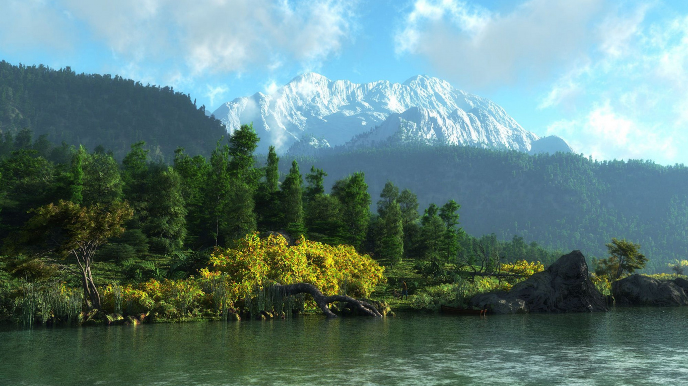 Green Trees Near Lake and Mountain Under Blue Sky During Daytime. Wallpaper in 1366x768 Resolution