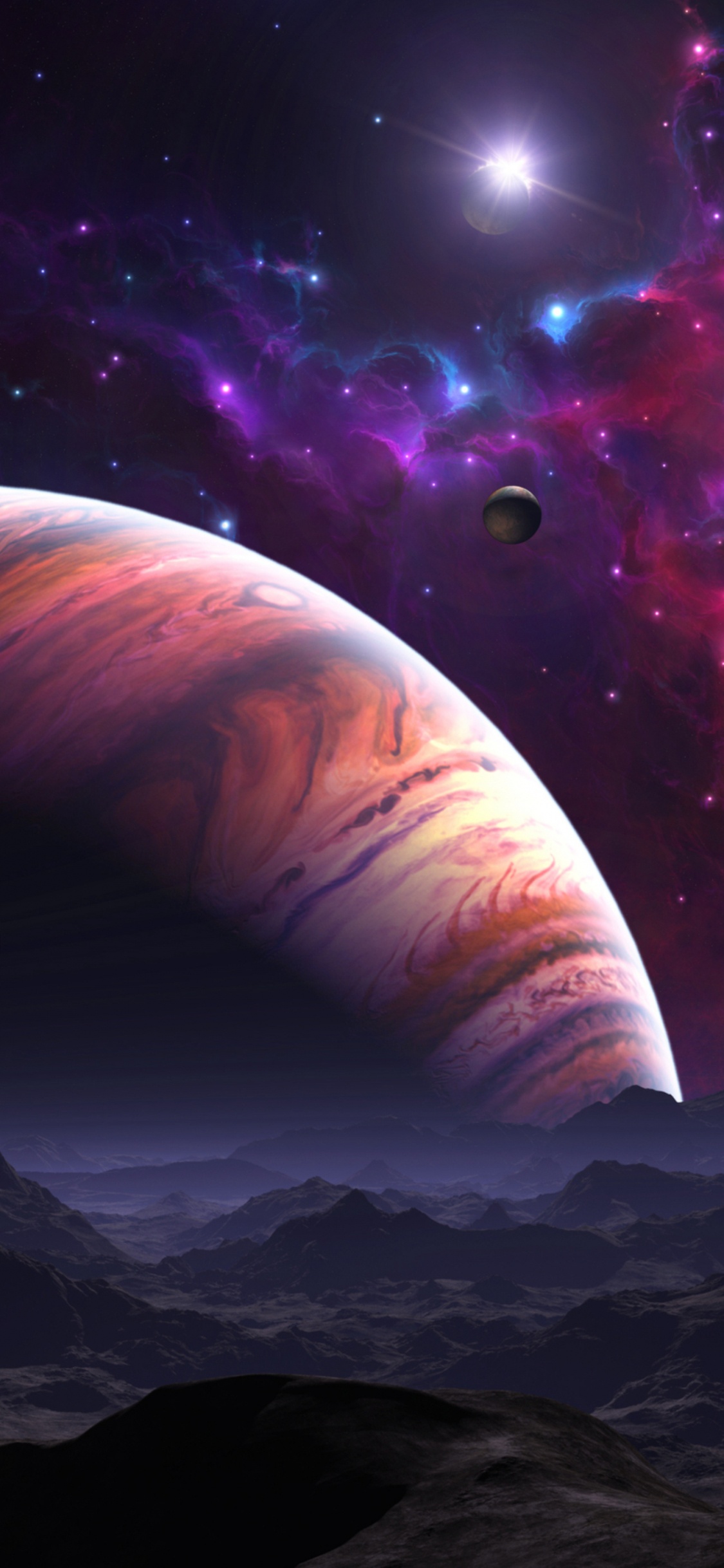 Planète Blanche et Brune Avec Ciel Violet et Noir. Wallpaper in 1125x2436 Resolution